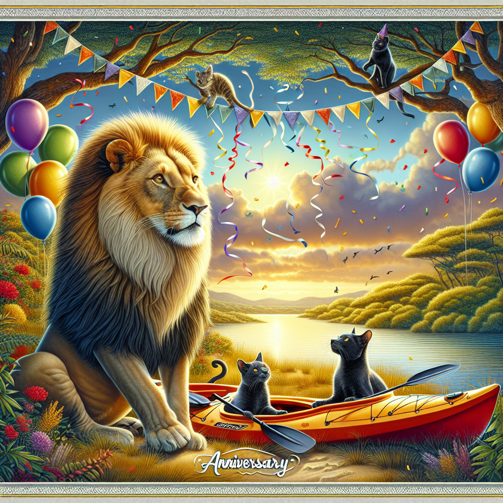 Craft an endearing anniversary themed artwork portraying a majestic lion and a twosome of gentle black cats rejoicing amidst the natural splendor of Africa. Set against the backdrop of the radiant Savannah landscape, the scene demonstrates the energetic ambience of a festivity with lively streamers and balloons adorning the air. An unoccupied kayak rests upon the tranquil riverside, suggesting the adventure-filled events of the day. The overall tone of the image conveys the sentiment of joyous camaraderie and adventure.
Generated with these themes: Lion, Black Cats, Party, Africa, and Kayak.
Made with ❤️ by AI.