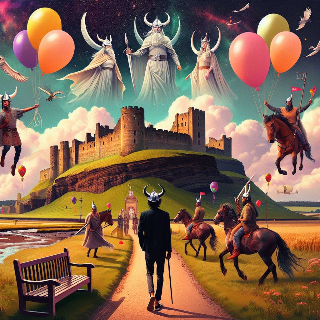 Create a surreal vector illustration depicting a unique birthday celebration that intermingles the rustic charm of Northumberland, England with influences from Viking lore. An individual of South Asian descent is walking a fantastical trail, accompanied by ethereal Viking warriors. Above, the sky is studded with balloons formed like Viking helmets., while historical castles form the backdrop, adorned with bright birthday banners and enigmatic Nordic symbols.
Generated with these themes: Walking , Viking history , and Northumberland .
Made with ❤️ by AI.