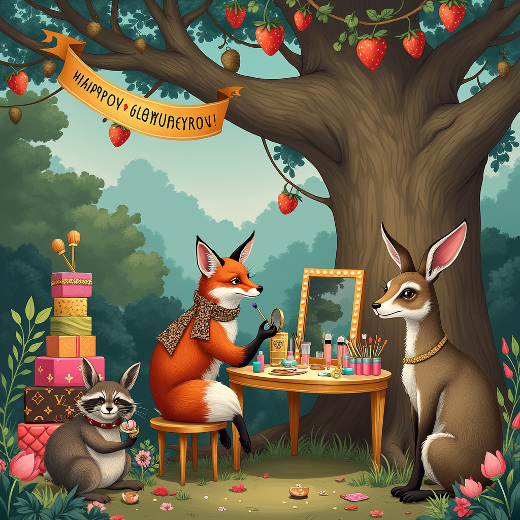 Imagine a whimsical birthday party taking place in a fantastical, slightly surreal garden setting. In the center of the scene, a glamorous vanity table is set up under a sprawling, ancient oak tree. The table is adorned with sparkling makeup products, including vibrant lipsticks, shimmering eyeshadows, and a variety of luxurious brushes, each intricately designed with gold and silver accents, much like the ornamental detailing you'd see in Beardsley's work.

Perched on a stool in front of the vanity is a stylish, anthropomorphic fox in mid-application of eyeliner, a nod to the detail-oriented animal characters of Beatrix Potter. The fox is adorned in a chic Louis Vuitton scarf, which has been draped elegantly around its neck. Nearby, a sophisticated rabbit with an elaborate updo is holding a compact mirror, checking its blush, while its fur glistens with subtle, healthy sheen, reminiscent of Maurice Sendak's detailed character renderings.

The backdrop features a mixture of vibrant, oversized vegetables and fruits - giant, cartoonishly plump strawberries, towering celery stalks, and gleaming avocados - all contributing to a bountiful and healthy food theme. These elements bring a touch of whimsy, much like the lush environments in Rackham’s illustrations.

To the left, a line of elegantly dressed woodland creatures, including a raccoon with a Louis Vuitton handbag and a deer with perfectly contoured cheeks, wait their turn to use the vanity. Behind them, a stack of beautifully wrapped presents with the iconic Louis Vuitton monogram sits next to a towering birthday cake decorated with edible makeup tools, making the scene both quirky and elegant.

A banner above reads "Happy Birthday Glamorous You!" in a flamboyant script that swirls around the branches, echoing Maxfield Parrish’s ethereal style. Edward Gorey’s influence can be seen in the details of the characters’ clothing, with intricate patterns and textures that make each creature's outfit uniquely delightful.

The artist will bring to life a scene that combines glamour, whimsy, and celebration, filled with intricate details and a playful story that invites viewers to linger and smile.
Generated with these themes: Make up, Glam, Mua, Louis vuitton, and Healthy food.
Made with ❤️ by AI.