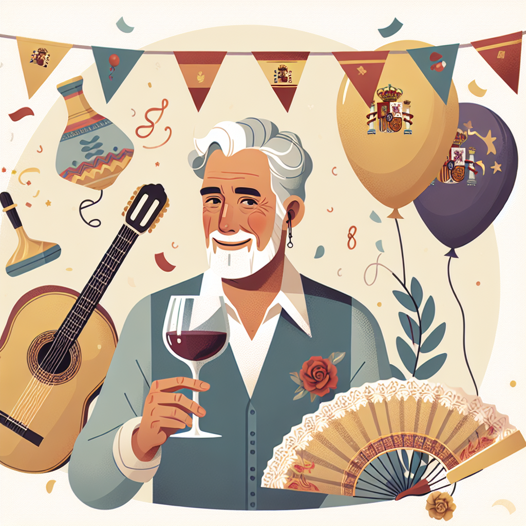 Create a delightful and heartwarming illustration of a festive birthday theme. This image would feature an elderly gentleman with grey hair, enjoying himself with a glass of Rioja wine in his hand. He has a warm and affectionate smile on his face. The background is adorned with prominent symbols of Spain, comprising a flamenco guitar and a traditional fan. The scene is further enhanced with a festive mood including balloons and confetti. The color scheme is tranquil and soothing, employing gentle pastel shades to bring about a strong sense of joy, happiness and revelry.
Generated with these themes: Grey haired husband, Spain, and Rioja.
Made with ❤️ by AI.