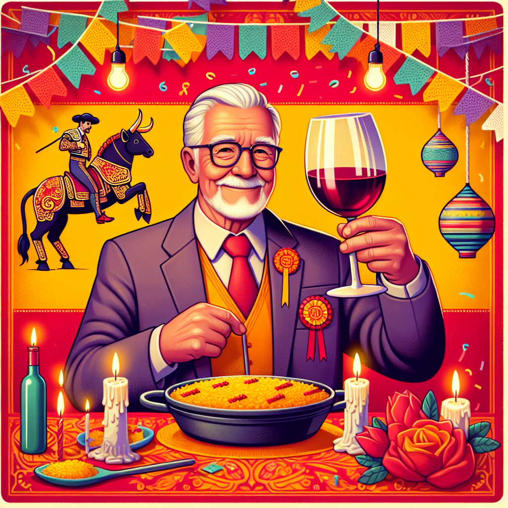 Create an image of a heartwarming scene set in Spain during a birthday celebration. Picture a content elderly man with grey hair, toasting with a glass of fine Rioja wine. The background should be vibrant, decorated with Spanish cultural symbols. Infect, include elements like a bullfighter's cape and a paella pan. Intertwined throughout the setting, there are birthday streamers and softly lit candles that add a warm, cozy and inviting atmosphere to the scene.
Generated with these themes: Grey haired husband, Spain, and Rioja.
Made with ❤️ by AI.