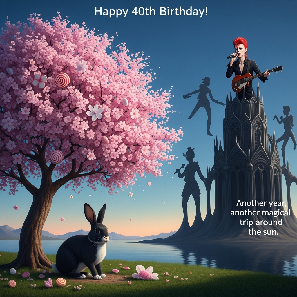 David Bowie, Black rabbit with white nose, Cherry tree, Gothic, Sweeties , and Birthday Card