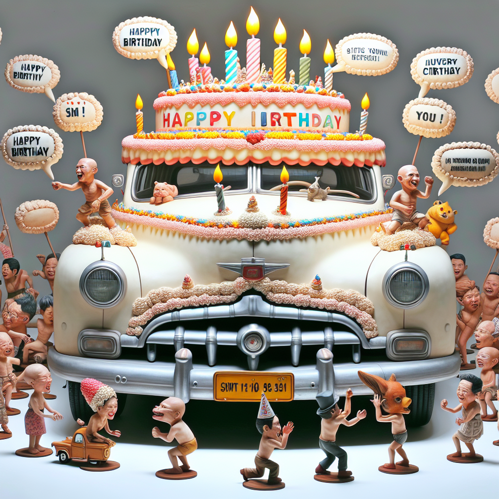 The illustration shows an old classic car transformed into a makeshift birthday cake, complete with icing and candles on top. Surrounding the car are caricatures of people and animals engaged in a joyous birthday dance, with speech bubbles containing funny birthday puns.
Generated with these themes: Car, and Old.
Made with ❤️ by AI.