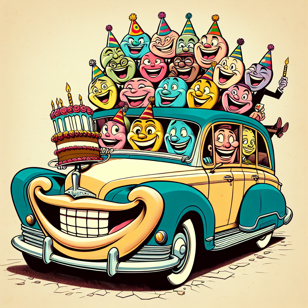 In this playful birthday-themed artwork, a quirky old car is at the center, decorated with a giant, grinning birthday cake on its roof. The windows are rolled down, revealing a group of humorous cartoon characters inside, each holding a slice of cake and laughing.
Generated with these themes: Car, and Old.
Made with ❤️ by AI.