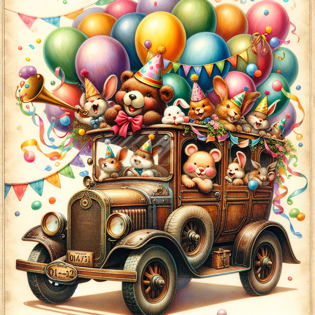 A whimsical birthday illustration featuring an old, vintage car festooned with colorful balloons and streamers. The car appears to be cheerfully chugging along with a host of comical animals piled in, each wearing party hats and blowing party horns.
Generated with these themes: Car, and Old.
Made with ❤️ by AI.