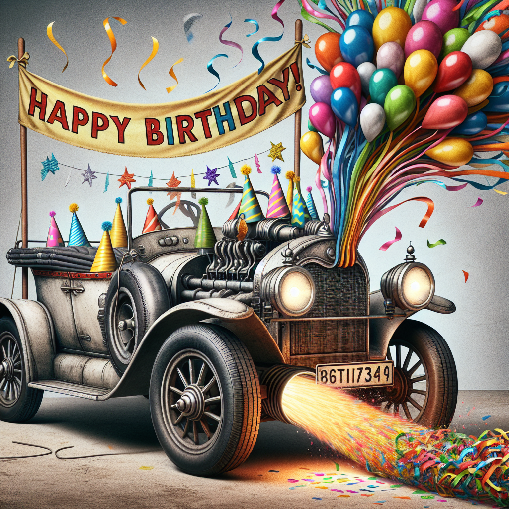 This birthday illustration presents an imaginative scene where an old car is the guest of honor, adorned with party hats on its headlights and a banner reading 'Happy Birthday!' streaming behind. The exhaust pipe whimsically puffs out confetti, adding to the festive and funny atmosphere.
Generated with these themes: Car, and Old.
Made with ❤️ by AI.