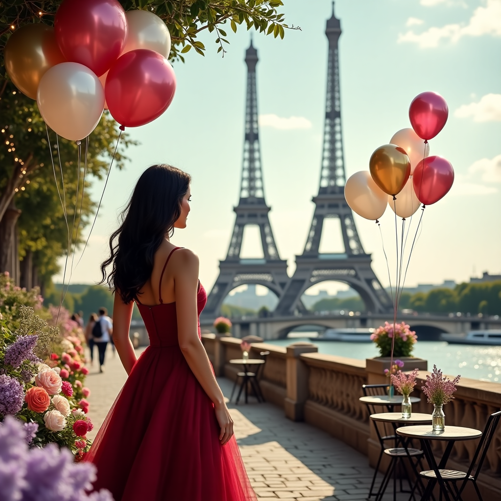 In the heart of Paris, near the charming banks of the Seine, a stunning woman stands gracefully, her long dark hair cascading over her shoulders, contrasting beautifully against the rich, wine-red fabric of her elegant dress. Her poised figure is surrounded by a lush tapestry of flowers that line the cobblestone streets, a medley of peonies, roses, and lilacs in a riot of colors ranging from soft pastels to deep purples. To her right, a bouquet of five balloons floats gently in the air, each one a different shade—crimson, gold, pearl, emerald, and sapphire—symbolizing the passage of years and the diversity of her experiences. Above her, the iconic Eiffel Tower pierces the sky, its metallic lattice shimmering subtly in the afternoon light. Wispy clouds drift lazily above, one of them shaped with poetic precision to spell out "Sanna 54 v." in soft, elegant script, as if written by the gentle hand of a Parisian breeze. This natural birthday greeting forms a halo above her, adding a whimsical yet dignified touch to the scene. Scattered along the street, small tables from a nearby café host vintage glass bottles with single stems of flowers, while a string of delicate fairy lights twinkles faintly above. It's a scene that captures a moment of elegance and celebration, a tableau of life's beauty and the joy of marking another year amidst the timeless romance of Paris.
Generated with these themes: Beautiful woman with dark long hair and nice wine red dress, Lot's of flowers, In paris, and Five balloons.
Made with ❤️ by AI.