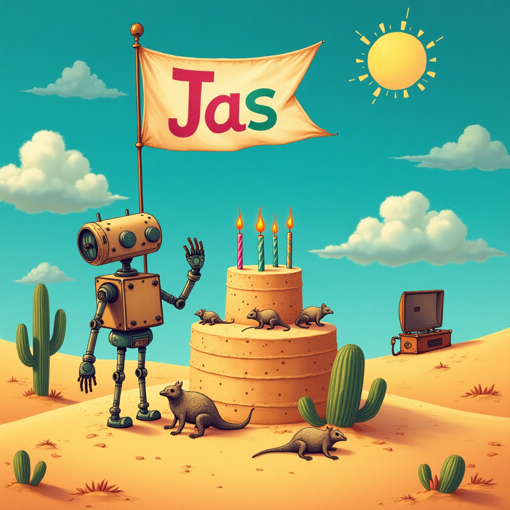 **Front Cover Design Description:**

In the vast expanse of a whimsical desert landscape, under a cobalt blue sky dotted with playful, cotton-candy-like clouds, stands a quirky, intricately detailed robot. The robot, crafted in a retro-futuristic style reminiscent of a blend between Norman Rockwell's Americana charm and Arthur Rackham's delicate linework, features a cylindrical body with rivets and a pair of spindly, mechanical arms, each joint mimicking the movement of an old-timey automaton.

The desert is an expanse of warm, golden sand dunes with hints of burnt sienna shadows cast by the imaginary sun overhead. Dotting the sand are small, ornate cacti that take on an otherworldly appearance, their limbs twisting into fantastic shapes much like Aubrey Beardsley's elaborate designs. A hint of Beatrix Potter's meticulous nature detailing can be seen in the occasional desert bloom, a splash of vibrant magenta or sunlit yellow peeking through the desert scape.

Perched upon a sizable sand dune, in front of the robot, is an oversized cake made of sand, with its layers sculpted to perfection. Atop this sandy confection is an array of candles made from what appears to be desert thorns, their flames mimicked by tiny, ethereal wisps of orange and red sand, hinting at Maxfield Parrish's eye for luminous color. Around the cake's base, small desert critters, like armadillos and lizards, designed with Quentin Blake's whimsical touch, gather as if part of the celebration.

Suspended high in the cerulean sky is a single weathered banner, its fabric flapping gently in the breeze, where the word "Jas" is carefully painted in large, playful letters. The letters are a contrasting bold turquoise, standing out like a joyous note in a Gustave Doré sky, with its intricate cloud patterns.

In the background, an old phonograph, half-buried in the sand and stylized in a manner reminiscent of Edward Gorey's vintage objects, plays silent tunes as if the wind carries the notes away. Nearby, a curious vulture, with feathers illustrated in Maurice Sendak’s storytelling fashion, watches the proceedings with a twinkle of intrigue.

This birthday card cover combines an eclectic mix of styles, each element carefully detailed to create a world where mechanical whimsy and desert wonder meet, celebrating a unique day for "Jas."
Generated with these themes: Robot in desert.
Made with ❤️ by AI.
