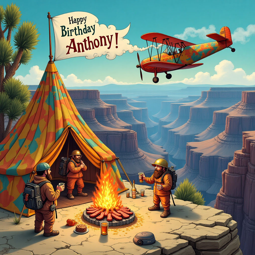 The scene unfolds in a fantastical landscape at the majestic Grand Canyon, rendered with the rich, illustrative flair inspired by Maxfield Parrish’s vivid colors and Norman Rockwell’s storytelling charm. On the edge of the canyon, a whimsical campsite is set up with a vibrant tent adorned with bright patchwork patterns reminiscent of Arthur Rackham’s intricate details. Around the campfire, an animated group of characters—drawn with the quirky essence of Quentin Blake’s line work—are engaged in a lively celebration. A grizzled, bearded figure in a retro diving suit, complete with a brass helmet, tends to a grill sizzling with thick bacon strips and juicy steaks, their aroma almost visible in swirling steam that forms the word "Anthony" in a cloud overhead, wishing him a happy birthday.

Next to the grill, a remote control airplane, decorated in flamboyant colors reminiscent of Beardsley’s intricate patterns, loops through the sky above the canyon, trailing a long banner that spells out "Happy Birthday Anthony!" in bold, joyful letters. Nearby, a pair of hikers in classic Maurice Sendak style are perched on a rocky outcrop, savoring cigars as they clink tequila shots in a toast to Anthony. Below them, the canyon is alive with whimsical details—a tiny figure with a snorkel playfully dives into a mirage of an underwater scene, complete with colorful fish and coral formations against the dry desert backdrop.

Every element in the scene—down to the texture of the rocks and the dance of flames in the campfire—tells a part of Anthony’s birthday adventure, blending the improbable and the imaginative in a storybook illustration that invites viewers to step into a world where the surreal and the everyday come together in a vibrant tapestry of celebration.
Generated with these themes: Scuba diving, Camping, Cigars, Bacon, Remit control airplanes, Tequila, Grilling steaks, and Grand canyon.
Made with ❤️ by AI.