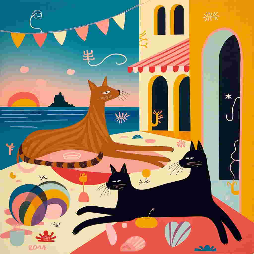 Front and center of the greeting card, a whirlwind of abstract geometric shapes converges. The background transitions in blocks of bold color, blending deep oceanic blues at the top with sandy yellows and soft creams at the bottom, hinting at a beach setting. Rectangular forms in shades of pastel coral and teal create the illusion of quaint shop façades, their shapes interlocking in a nod to Mondrian’s compositions.

Amidst this visual symphony, two abstract feline figures take form—a brown tabby cat, represented through swirling lines of umber, sienna, and ochre, and a sleek black cat outlined with stark, solid black and deep charcoal smudges, each lounging luxuriously across a series of overlapping beach-inspired shapes like flattened seashells and driftwood.

Scattered throughout the scene are vibrant splatters and drips of wine-red and burgundy, echoing the playful chaos of Pollock's work. They create an impression of wine glasses tipped, their contents cascading in artistic revelry.

To the left, floating in the azure sky—an arrangement of whimsical shapes suggests the outline of the island of Corfu, utilizing rich verdant greens, reminiscent of Miro’s organic forms.

In the sky, a banner composed of connected circular and triangular shapes in alternating yellow and lavender spells out "Jane," with each letter morphing into abstract elements, becoming part of the card’s celebration.

Bright, Rothko-inspired bands of warm sunset orange and violet stretch across the horizon, dividing sky from beach and creating a dreamy backdrop that ties all elements together, inviting the viewer to find joy in this kaleidoscopic celebration.
Generated with these themes: Brown tabby and black cats, Corfu, Beach, Shops, and Wine.
Made with ❤️ by AI.