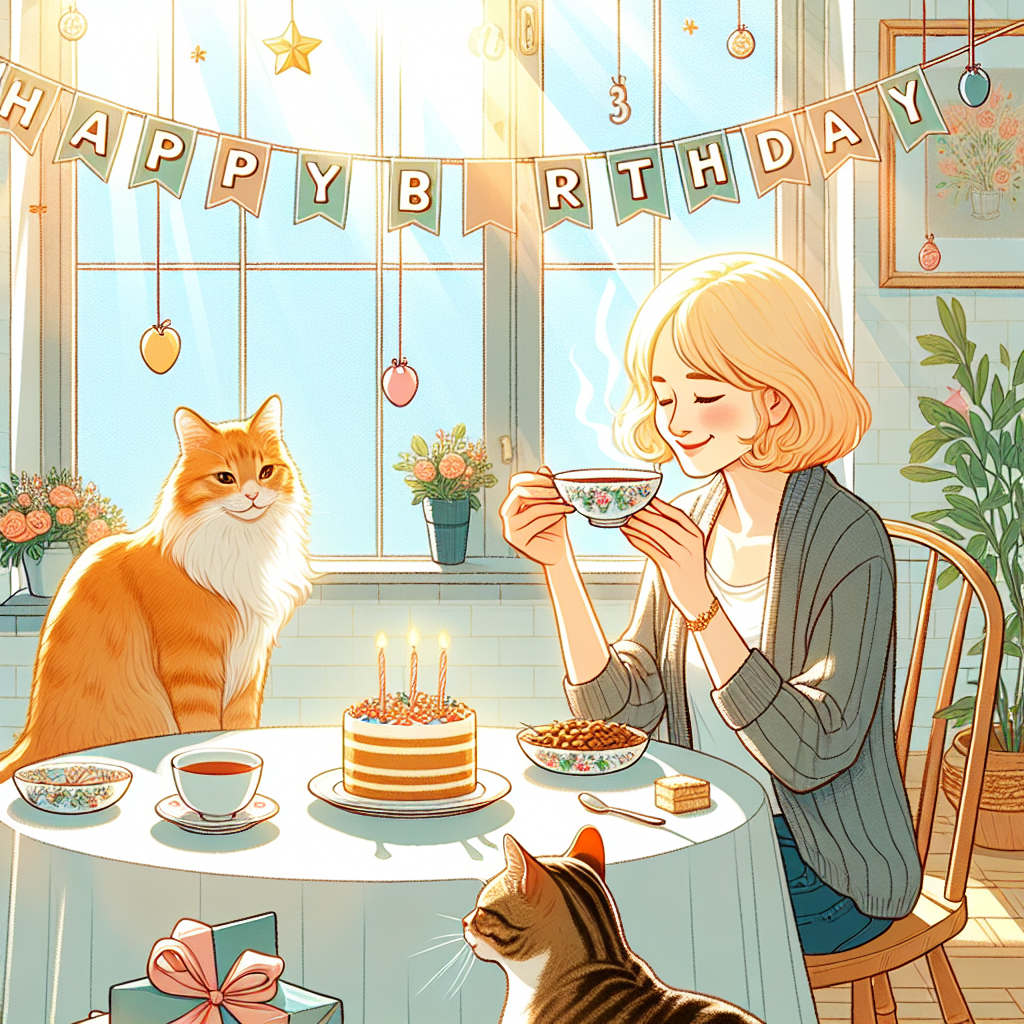The scene unfolds in a sunlit room, where a blonde person is enjoying a warm cup of tea amidst birthday festivities. Next to them, two cats—a ginger and a tabby—are contentedly nibbling on cat food arranged on a small plate. The table is adorned with subtle, birthday-themed decor, and the words 'Happy Birthday' are displayed prominently on the wall, adding to the celebratory mood.
Generated with these themes: Blonde , Tea , Ginger cat , Tabby cat , and Eating food .
Made with ❤️ by AI.