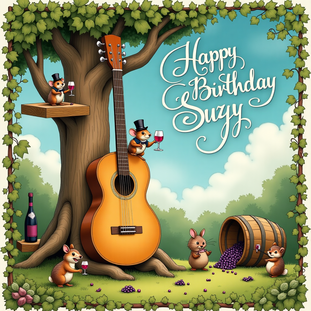 Guitar, and Wine Birthday Card