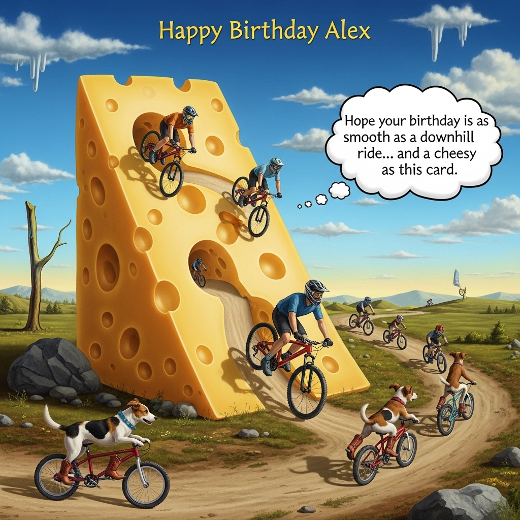Mountain biking, cheese, dogs, cowboy boots, and Birthday Card