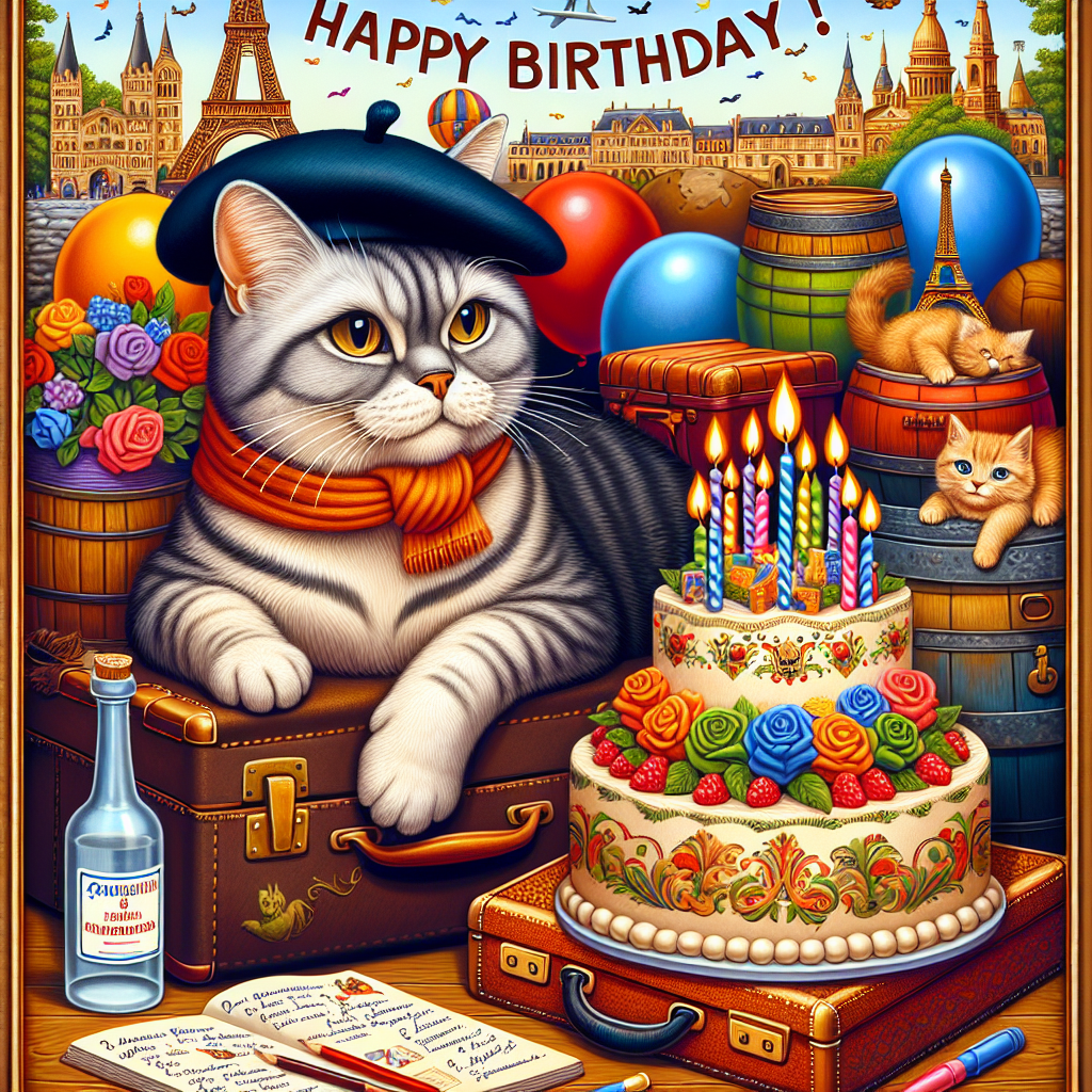 Create a festive birthday scene with rich, lively colors depicting an adventurous cat, wearing a beret. The cat is perched on a pile of suitcases, indicating an insatiable travel curiosity. The humorous scene further develops as the cat is shown instructing a mixed group of feline students in French and Spanish. Alongside this educational spectacle, there's an ornate birthday cake topped with candles and accompanied by a bottle of vodka. Provide the finishing touches with a background filled with iconic landmarks from France and Spain.
Generated with these themes: Travel, Cats, Vodka, Teaching, French, Spanish, and Cake.
Made with ❤️ by AI.