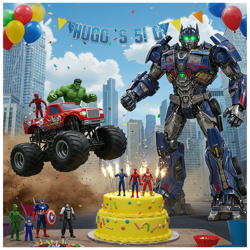 The front cover of the greeting card bursts with vibrant energy, immersing the viewer in an electrifying birthday scene. The background showcases a bustling cityscape with skyscrapers reaching into the sky. Above the buildings, a clear blue sky is filled with dynamic clouds, suggesting movement and action.

Front and center, a colossal Transformer stands in mid-transformation. Its metallic armor gleams in hues of cobalt blue and silver, reflecting the city lights. Its eyes are illuminated with an intense neon green, conveying the advanced technology within. The Transformer is striking a powerful pose, one arm outstretched as if ready to morph further.

To the left of the Transformer, an immense monster truck painted in a vivid red with a polished chrome grille is in mid-jump, its oversized wheels kicking up dust. The truck’s body features stylized decals of Marvel heroes—Hulk flexing his muscles, Spider-Man mid-swing with webs, and Iron Man in a flight pose. Each hero is meticulously detailed, their colors contrasting sharply against the truck's red exterior.

In the foreground, a birthday cake is placed on a table. The cake is a multi-tiered spectacle, frosted in bright yellow and adorned with small action figures of Marvel heroes and Transformers. On top of the cake, sparklers emit showers of golden sparks, adding to the celebratory atmosphere.

Suspended in the sky above, a bright banner unfurls between two buildings, emblazoned with the text “Hugo is 5!” in bold, playful letters that alternate between red and blue, mimicking the theme of the Transformers and Marvel universe. Balloons in primary colors hover around the banner, adding pops of brightness to the scene.

Throughout, small details like the sunlight glinting off metallic surfaces, the texture of the cake’s frosting, and the dynamic pose of the characters enhance the lifelike quality of the illustration, making it a visually captivating cover for Hugo’s birthday celebration.
Generated with these themes: Transformers, Marvel heroes monster trucks.
Made with ❤️ by AI.