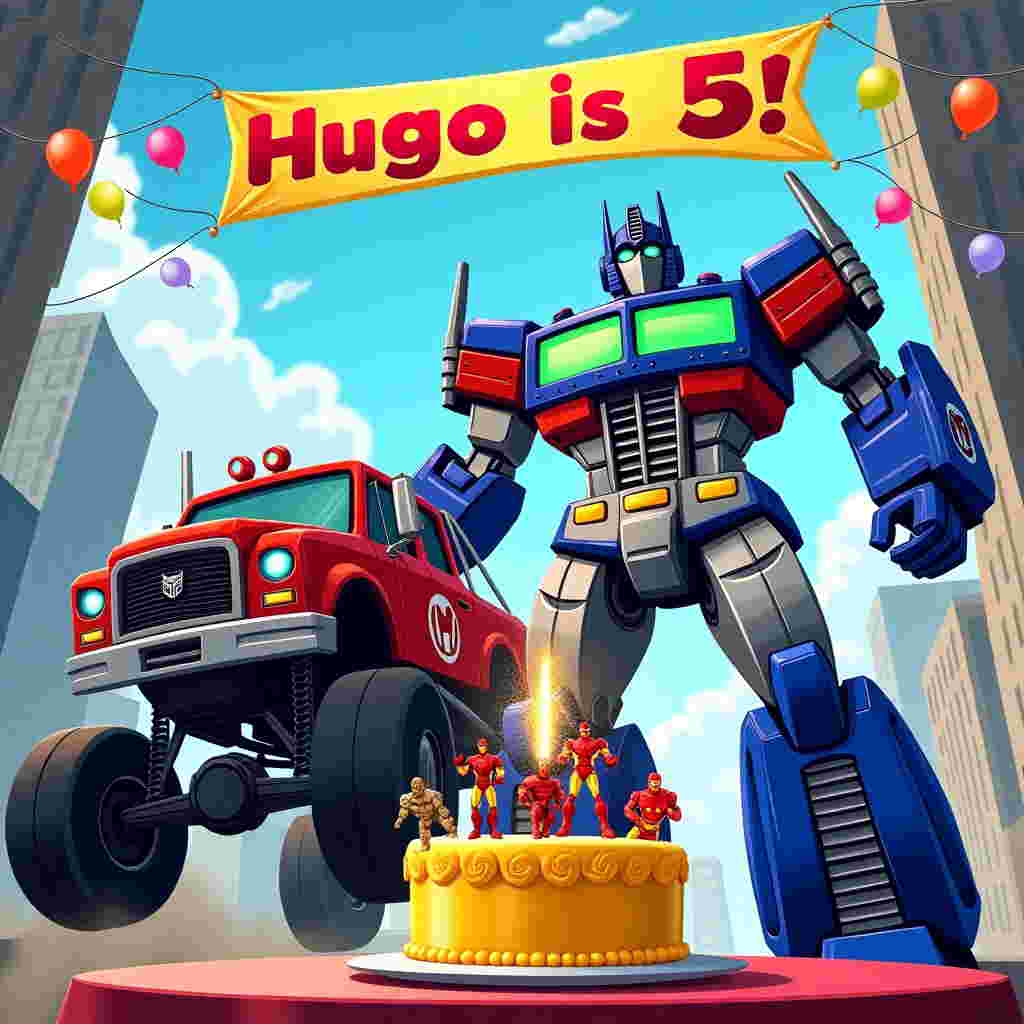 The front cover of the greeting card bursts with vibrant energy, immersing the viewer in an electrifying birthday scene. The background showcases a bustling cityscape with skyscrapers reaching into the sky. Above the buildings, a clear blue sky is filled with dynamic clouds, suggesting movement and action.

Front and center, a colossal Transformer stands in mid-transformation. Its metallic armor gleams in hues of cobalt blue and silver, reflecting the city lights. Its eyes are illuminated with an intense neon green, conveying the advanced technology within. The Transformer is striking a powerful pose, one arm outstretched as if ready to morph further.

To the left of the Transformer, an immense monster truck painted in a vivid red with a polished chrome grille is in mid-jump, its oversized wheels kicking up dust. The truck’s body features stylized decals of Marvel heroes—Hulk flexing his muscles, Spider-Man mid-swing with webs, and Iron Man in a flight pose. Each hero is meticulously detailed, their colors contrasting sharply against the truck's red exterior.

In the foreground, a birthday cake is placed on a table. The cake is a multi-tiered spectacle, frosted in bright yellow and adorned with small action figures of Marvel heroes and Transformers. On top of the cake, sparklers emit showers of golden sparks, adding to the celebratory atmosphere.

Suspended in the sky above, a bright banner unfurls between two buildings, emblazoned with the text “Hugo is 5!” in bold, playful letters that alternate between red and blue, mimicking the theme of the Transformers and Marvel universe. Balloons in primary colors hover around the banner, adding pops of brightness to the scene.

Throughout, small details like the sunlight glinting off metallic surfaces, the texture of the cake’s frosting, and the dynamic pose of the characters enhance the lifelike quality of the illustration, making it a visually captivating cover for Hugo’s birthday celebration.
Generated with these themes: Transformers, Marvel heroes monster trucks.
Made with ❤️ by AI.