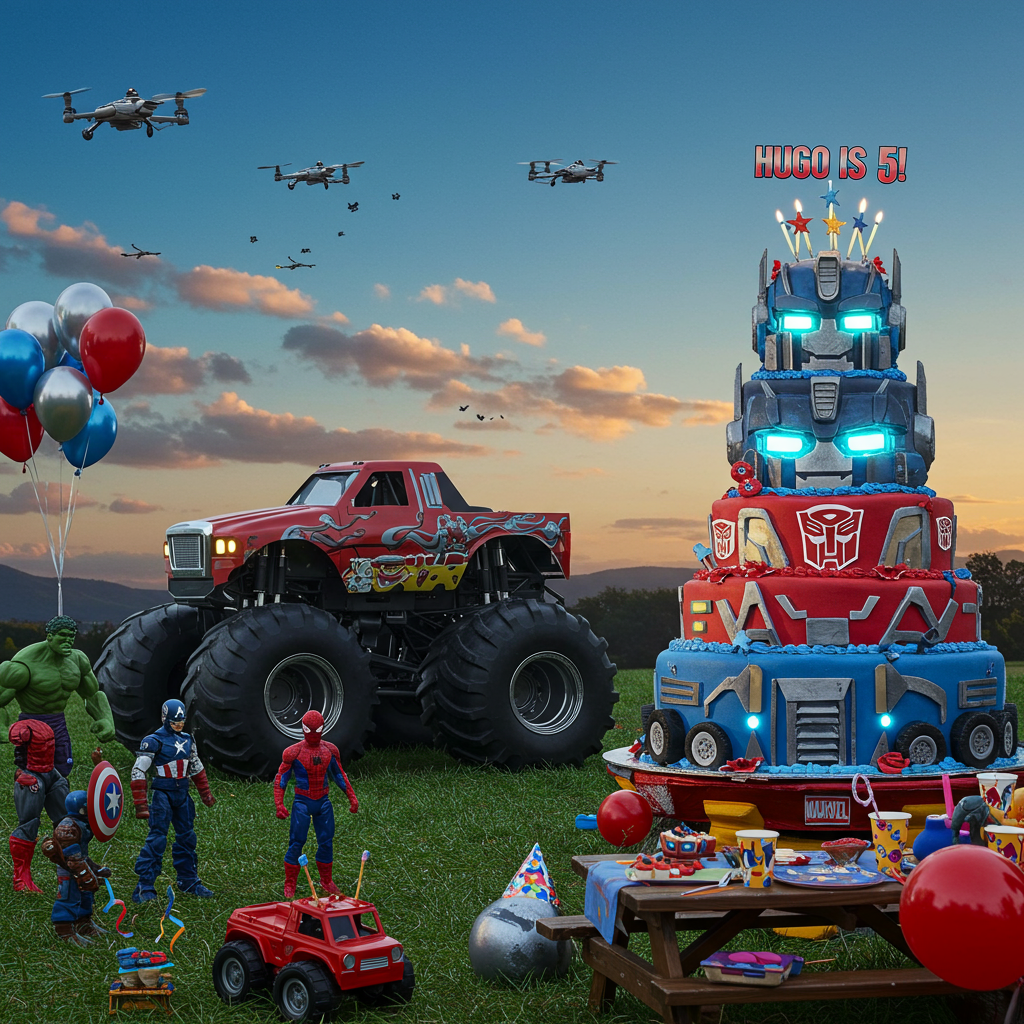 The scene unfolds in a vivid outdoor setting, capturing the imagination of a five-year-old. At the heart of the composition is a colossal cake, expertly crafted to resemble a Transformers Autobot. The cake is rich in detail, featuring red and blue icing, metallic silver accents, and glowing, edible LED lights for eyes, creating an awe-inspiring centerpiece.

Towering behind the cake, in the background, is the unmistakable silhouette of a monster truck, painted in the colors of Iron Man's armor. The truck's body is a gleaming red with gold highlights, and its wheels are so enormous they nearly touch the tops of nearby trees. On its side, emblazoned in bold, metallic letters, is the text "Hugo is 5!" painted in vibrant yellow.

To the left, a group of miniature, lifelike action figures of Marvel heroes, including Spider-Man, Hulk, and Captain America, are engaged in a playful tug-of-war with a brightly colored streamer. Their outfits are detailed with textures, from Spider-Man's web pattern to the Hulk's rugged pants, showcasing their iconic costumes.

In the sky, a formation of birds takes flight, but upon closer inspection, they are cleverly shaped like small Transformers drones, flying in a formation that mimics the outline of a giant number five. The sky itself is a canvas of deep blue, with a few fluffy clouds painted in a spectrum of soft pastels, hinting at a setting sun.

The foreground features a picnic table adorned with various party props, such as a set of metallic-colored party hats shaped like Iron Man's helmet, a stack of plates with the Marvel logo, and cups featuring Optimus Prime. Balloons, floating in a medley of colors from silver to red, add a lively touch, anchored to the ground with strings tied to toy-sized monster trucks.

This vibrant birthday scene bursts with elements that make it an unforgettable moment, fusing the worlds of Transformers, Marvel heroes, and monster trucks into a singular, delightful spectacle for Hugo's special day.
Generated with these themes: Transformers, Marvel heroes monster trucks.
Made with ❤️ by AI.