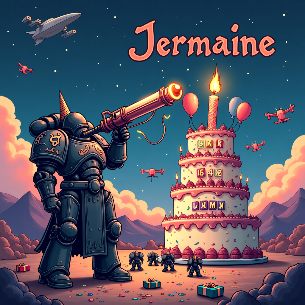 In this whimsical vector birthday scene, set in a fantastical universe inspired by Warhammer 40k, we find ourselves on an intergalactic birthday battlefield, where the starry night sky is peppered with hovering spacecraft and distant planets. The focus is on a comical yet endearing Black Templar Space Marine, who, instead of wielding a sword, brandishes an oversized party blower, complete with spirals and confetti patterns. His armor, though typically intimidating, is festooned with birthday decorations like colorful streamers and balloons tied to his shoulder plates.

Beside him stands a giant birthday cake, designed like a gothic fortress. This cake has turrets and is adorned with mini banners depicting celebratory icons, and a turret candle proudly displaying the number of Jermaine's birthday in blazing digits. Around the base of the cake, a motley crew of miniature Space Marine figurines engage in a light-hearted mock battle using toy laser guns and foam weapons, each painted in vibrant birthday colors.

In the background, the name "Jermaine" is creatively integrated into the scene through the clouds, which form the letters of his name, each cloud letter appearing as if puffed from a gentle cosmic breeze. Above this, a squadron of tiny drones, shaped like gift-wrapped presents, zoom around delivering miniature cupcakes, each topped with sparklers instead of candles.

A distant mountain range outlines the horizon, with peaks shaped like wrapped gifts, and the foreground is sprinkled with party hats and noise makers scattered across the ground like battlefield debris. The colors of the scene are vivid and dynamic, taking inspiration from the bold palettes of artists like Orlando Arocena and Malika Favre, ensuring this birthday battlefield is as playful as it is visually captivating.
Generated with these themes: Warhammer 40k black templar.
Made with ❤️ by AI.