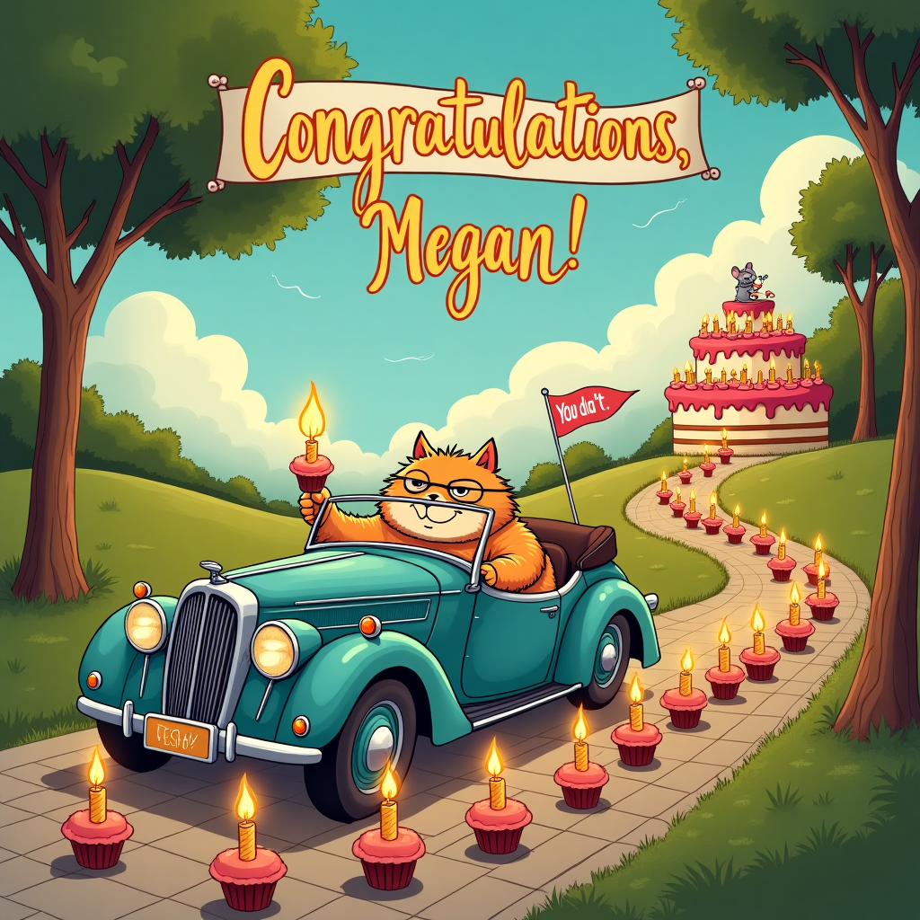 The scene unfolds in a whimsical world where imagination and humor collide. In the foreground, a sleek, vintage convertible car, reminiscent of an old-timey cartoon style, zooms down a winding road. Instead of a typical driver, a plump tabby cat with oversized glasses sits behind the wheel, one paw casually resting on the steering wheel and the other reaching for a stick shift that's been humorously replaced with an oversized, half-melted candle. The candle's flame flickers comically as the car speeds along. 

The road is paved with cobblestones, each stone having been replaced with a miniature cupcake, each topped with a single candle. The cupcakes create a path that the car follows, and as it rolls over them, the candles magically light up in succession, leaving a sparkling trail behind.

In the background, the sky is a soft twilight hue, dotted with fluffy clouds that have been strategically arranged to spell out "Congratulations, Megan!" in a whimsical, handwritten font. Above the car, a banner draped between two trees echoes the message, with "Megan" highlighted in shimmering, cartoonish gold letters.

On one side of the road, a giant cake stands in place of a tree, its multiple tiers teeming with animated candles that dance and sway as if they're celebrating in their own right. The cake’s frosting glistens in the twilight, and a little mouse can be seen perched atop it, holding a tiny flag that reads, "You did it, Megan!"

The style draws from the detailed backgrounds of Hergé's Tintin, the playful character design of Charles Schulz's Peanuts, and the humorous elements akin to Gary Larson's The Far Side. The scene is a vibrant tableau of celebration, humorously tying together all the elements in a unique and quirky congratulations card cover.
Generated with these themes: Car cat candles.
Made with ❤️ by AI.