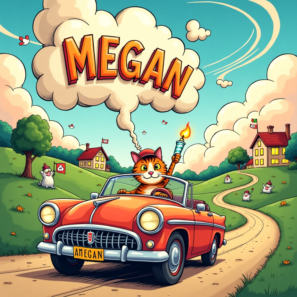 In a whimsical cartoon style that nods to the playful aesthetics of Bill Watterson and the detailed storytelling of Hergé, the front cover of the congratulations card features a vibrant and lively scene. At the center is an animated car, a quirky, vintage convertible that seems to have a personality of its own—eyes peering out from the headlights and a broad, mischievous grin on its grill. Perched on the hood is a plump, tabby cat wearing a tiny chauffeur's cap, holding a large, unlit candle in its mouth like a prize. The car is zipping along a colorful, winding road that spirals upwards into the sky, reminiscent of a fantastical roller coaster.

The sky above is a surreal canvas of swirling pastel colors, reminiscent of Winsor McCay's dreamscapes. Floating among the fluffy, marshmallow-like clouds are candles of various shapes and sizes, their flames flickering joyfully in the breeze as if celebrating a celestial birthday. One particularly fluffy cloud has taken the shape of the word "MEGAN," spelled out in puffy, cursive letters, giving a nod to Charles Schulz's penchant for incorporating names into the scenery.

In the background, lush, rolling hills and quirky houses reminiscent of Tezuka's animated worlds fill the landscape, with windows lit in a warm, inviting glow, adding depth to the scene. Sprinkled throughout the hills are quirky little characters peeking out from behind trees, cheering and waving flags adorned with tiny paw prints and candles. These characters are reminiscent of the diverse, imaginative figures one might find in Gary Larson's work, adding a humorous touch to the scene.

Overall, the detailed elements of the scene, from the cat and the whimsical car to the playful clouds spelling "MEGAN," create a rich, dynamic tableau that invites viewers into a world of celebration and adventure, all the while congratulating Megan on her achievement.
Generated with these themes: Car cat candles.
Made with ❤️ by AI.