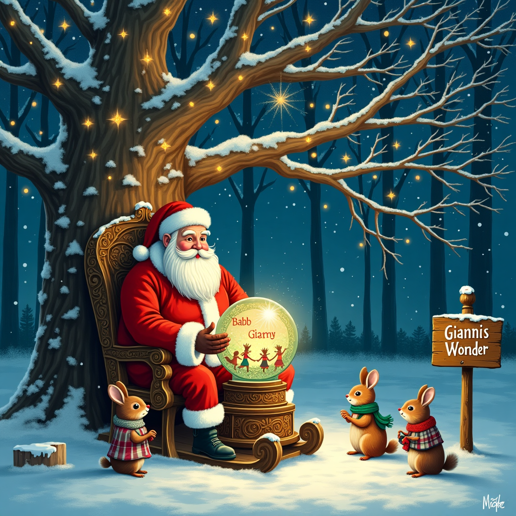 In the heart of a serene snow-laden forest, a captivating scene unfolds. A grand, ancient oak tree stands proudly at the center, its branches heavy with glistening snow and twinkling fairy lights. Beneath its sheltering boughs, a group of woodland creatures gather in awe of Babbo Natale—a warm, grandfatherly figure clad in a rich, crimson cloak lined with golden embroidery, reminiscent of Rackham's enchanting characters. He's sitting comfortably on a beautifully carved wooden sled adorned with delicate Beardsley-esque engravings.

Babbo Natale's gentle face is framed by a long, snow-white beard that cascades like a waterfall onto his ample chest. In his hands, he holds an intricately decorated globe, swirling with shimmering snowflakes, while around him, rabbits in winter scarves and squirrels with bushy tails curiously peer at the magical artifact, their eyes wide with wonder. Nearby, a small, patchwork quilt lies on the ground, featuring scenes of dancing elves and playful reindeer, echoing Potter's charm.

Above this enchanting assembly, the sky is a deep, twilight blue, dotted with Parrish-inspired clouds that softly glow with hints of orange and pink. Amidst these clouds, the stars have arranged themselves to spell out "Gianni" in a delicate, shimmering script that seems to dance with the gentle wind.

In the background, a procession of tall, stoic pines lines the snowy landscape, their branches creating intricate, lace-like patterns against the sky, reminiscent of Dore's dramatic illustrations. On the edge of the scene, a small, weathered signpost stands, its wooden surface adorned with Blake-like sketches of mischievous pixies, pointing towards "Gianni's Wonder," inviting the viewer to step into this magical world.
Generated with these themes: babbo natale.
Made with ❤️ by AI.