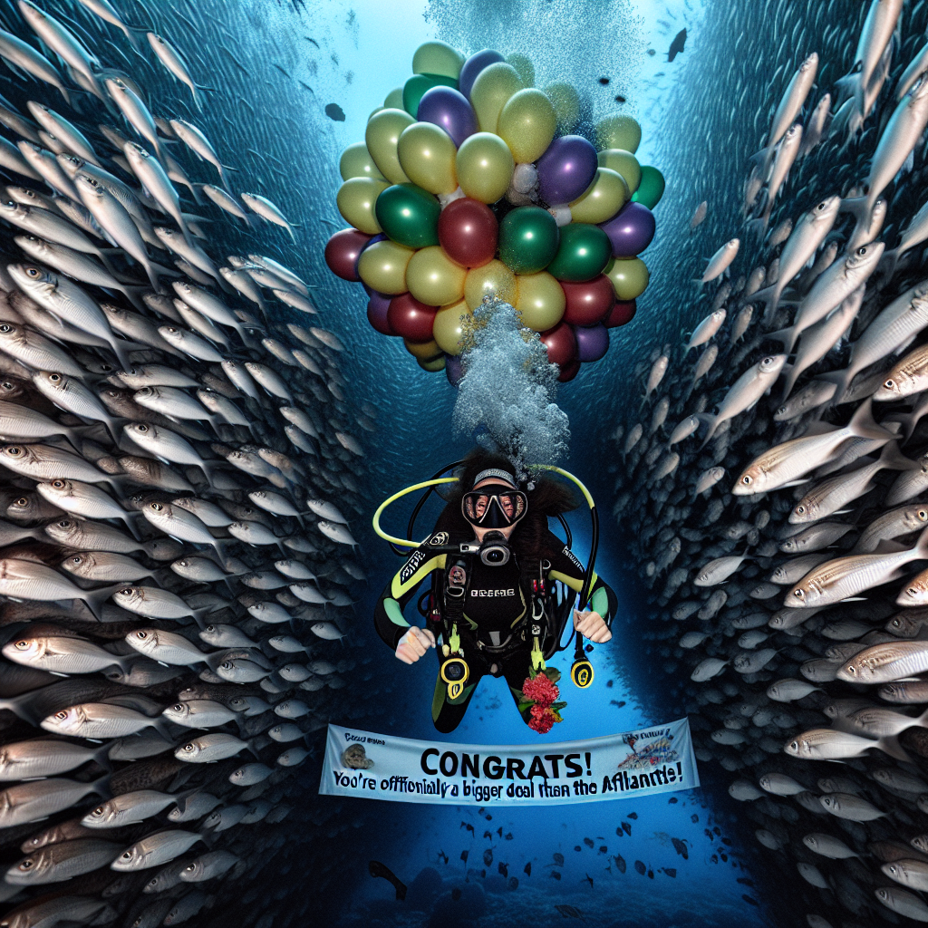 Picture a South Asian female scuba diver emerging from the oceanic depths with a vibrant, inflated balloon in tow, seemingly defying all odds and pressure expectations. Surrounding her, a collection of fish of myriad species and colors form a festive tunnel, their tiny grins apparent upon their faces, as if taking part in this unique celebration. Banners trailing behind the diver exclaim, 'Congrats! You're officially a bigger deal than the discovery of Atlantis!' The atmosphere conveys an overwhelming sense of achievement, reminiscent of a hardly plausible underwater high-five.
Generated with these themes: scuba diving.
Made with ❤️ by AI.