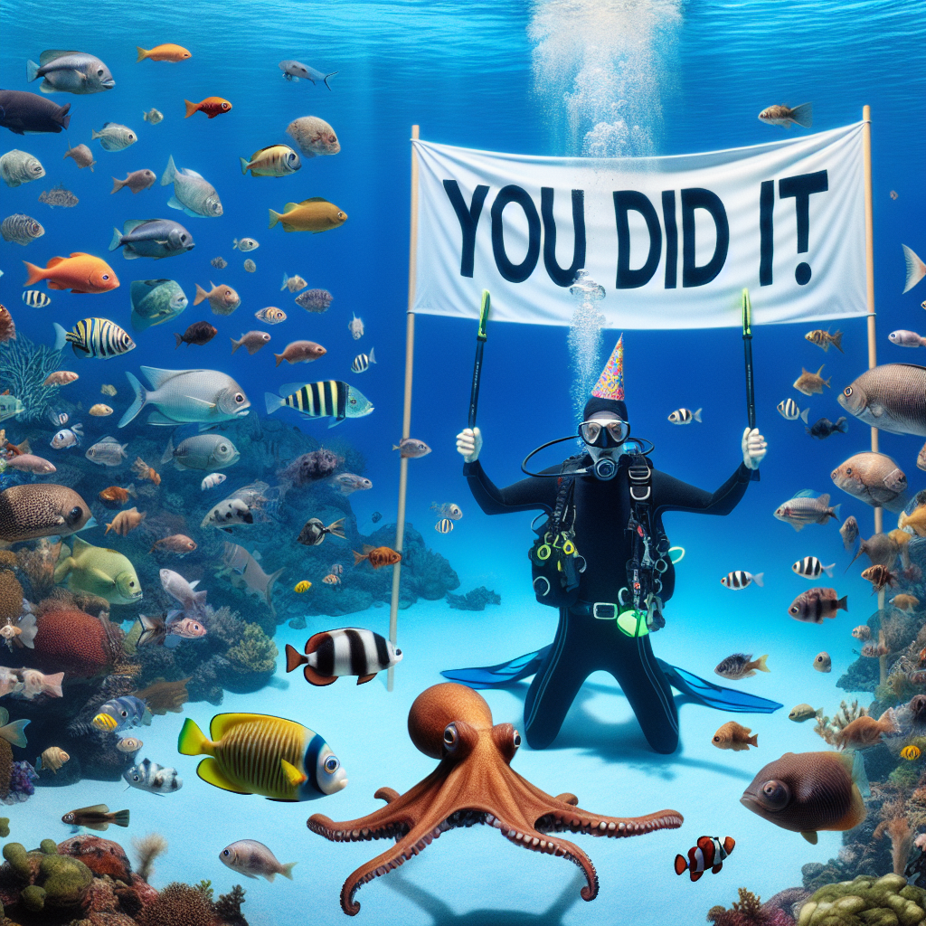 Envision an underwater scene: A scuba diver wearing a diving mask, a wetsuit, and flippers, emerges from the tranquil sea holding a large banner that announces 'You did it!'. The surrounding azure waters are filled with an assortment of curious fish of various shapes, colors, and sizes. Not just that, a hugely bemused octopus with intelligent eyes, is seen wearing a bright and colorful party hat. The scene captures the essence of a light-hearted and amusingly distinctive celebration. The underwater creatures appear to be enthusiastically congratulating and cheering for the unforeseen celebration.
Generated with these themes: scuba diving.
Made with ❤️ by AI.