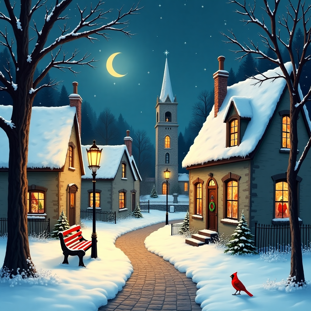 On the front cover of this solemn Christmas greeting card, envision a tranquil winter evening set in a quaint, snow-covered village. The scene is framed by towering pine trees, their branches laden with freshly fallen snow, glistening under the pale light of a crescent moon. In the center, a narrow, cobblestone street winds gently through the village, its path illuminated by a series of wrought-iron lampposts casting warm, amber glows onto the cobblestones below. Along the street, rustic cottages with steep, slate roofs are adorned with subtle wreaths and icicles hanging from their eaves, each window warmly lit, offering a glimpse of cozy interiors.

At the forefront, a small, snow-dusted bench sits beneath a lamppost, with a lone cardinal perched upon it, its red feathers striking against the muted backdrop. Across the street, an old stone church stands solemnly, its tall, stained-glass windows illuminated from within, depicting scenes of the nativity in vibrant blues, reds, and golds. The church's bell tower rises high, its bell visible, ready to toll the midnight hour.

Above, the sky is a rich, deep indigo, scattered with a tapestry of stars, twinkling like tiny beacons of hope. A gentle swirl of snowflakes descends gracefully, each uniquely patterned, adding a sense of movement and life to the tranquil scene. This setting captures the essence of a peaceful Christmas Eve, inviting the viewer to pause and appreciate the quiet beauty of the season.
Generated with these themes: Sure! Here’s a layout for your housewarming invitation card:  ---  **Front Side of the Card:**  ---  🌸 **You're Invited!** 🌸   To celebrate a new chapter in our lives!    ---  **Inside of the Card (Left Side):**  ---  🌟 **Housewarming Celebration** 🌟   Hosted by: **Manoj & Deepa**    We are delighted to welcome you to our new home and share this joyous moment with you!    ---  **Inside of the Card (Right Side):**  ---  **Event Details:**   📅 **Date:** Saturday, 22nd February 2025   🕔 **Time:** 5:00 PM   🏠 **Location:**   **"ഹരി പാർഥം"**    Join us for an evening filled with love, laughter, and memories!    For more information, please contact us at:   📱 **7025038011** / **9605539137**    We can't wait to celebrate with you!  ---  Let me know if you want any specific design suggestions or changes!.
Made with ❤️ by AI.