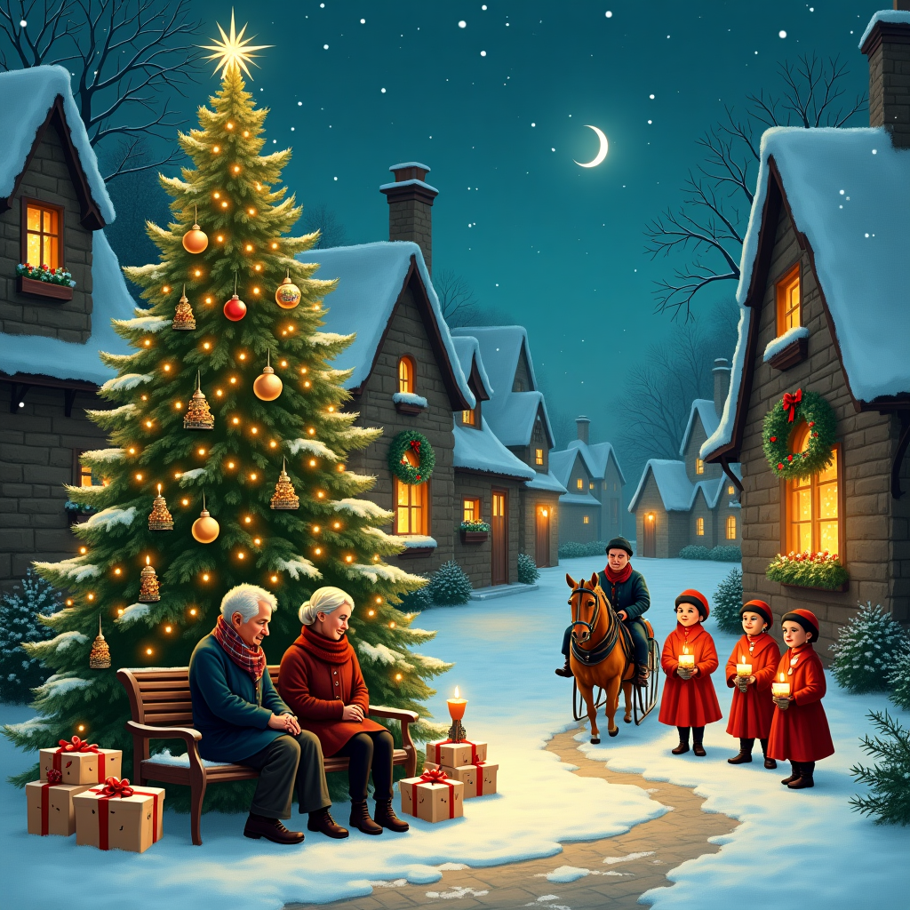 Imagine a solemn Christmas evening scene unfolding in a cozy, snow-dusted village square. At the center of the scene stands an ornately decorated pine tree, its branches heavy with twinkling fairy lights and delicate glass ornaments, reflecting hues of amber, gold, and emerald. The tree's base is surrounded by a dusting of fresh snow, atop which sits an assortment of old-fashioned wooden toy soldiers and wrapped gifts in vintage paper with bright red ribbons.

To the left of the tree, a rustic wooden bench is partially covered in snow. An elderly couple, dressed in classic 1950s winter attire—plaid scarves and woolen coats—sits quietly, holding hands, their breath visible in the crisp winter air. Behind them, quaint stone cottages with steeply pitched roofs are adorned with wreaths of holly and glowing lanterns in their frosted windows, casting warm light onto the cobblestone path.

In the foreground, a small choir of children, wearing matching deep red cloaks and black berets, sings carols. Each child holds a candle in a simple white lantern, the flames flickering in the gentle breeze. Their faces are rosy from the cold, and a faint smile graces each one as they sing.

Above, the sky is a deep midnight blue, sprinkled with stars that twinkle softly. A crescent moon hangs low, casting a silvery glow over the entire scene. Snowflakes drift lazily down, creating a magical overlay that unites all the elements of the village square.

In the distance, a horse-drawn sleigh, driven by a man in a thick, fur-lined coat, makes its way across the snow-laden path, the sleigh bells jingling faintly, adding an auditory dimension to this picturesque moment. The scene captures the essence of a nostalgic Christmas, steeped in tradition and community, waiting to be immortalized on the front of a greeting card.
Generated with these themes: Sure! Here’s a layout for your housewarming invitation card:  ---  **Front Side of the Card:**  ---  🌸 **You're Invited!** 🌸   To celebrate a new chapter in our lives!    ---  **Inside of the Card (Left Side):**  ---  🌟 **Housewarming Celebration** 🌟   Hosted by: **Manoj & Deepa**    We are delighted to welcome you to our new home and share this joyous moment with you!    ---  **Inside of the Card (Right Side):**  ---  **Event Details:**   📅 **Date:** Saturday, 22nd February 2025   🕔 **Time:** 5:00 PM   🏠 **Location:**   **"ഹരി പാർഥം"**    Join us for an evening filled with love, laughter, and memories!    For more information, please contact us at:   📱 **7025038011** / **9605539137**    We can't wait to celebrate with you!  ---  Let me know if you want any specific design suggestions or changes!.
Made with ❤️ by AI.