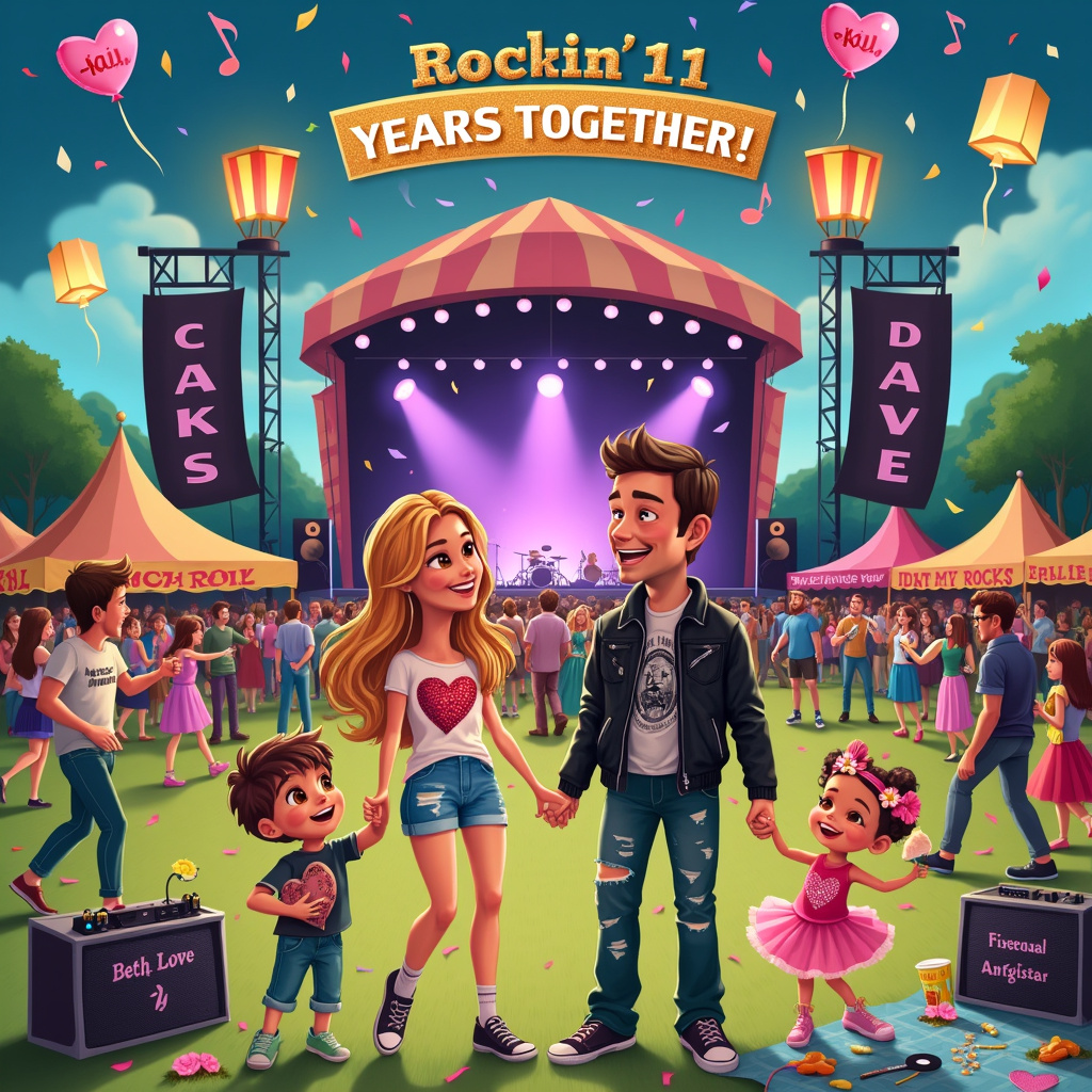 In the front cover of the anniversary greeting card, a lively rock festival scene unfolds, blending seamlessly with elements of love, family, and the number 11 to tell the story of Beth and Dave’s 11th anniversary. The background showcases a bustling rock festival stage, complete with towering speakers, vibrant stage lights in hues of purple and blue, and a massive banner that reads "Rockin’ 11 Years Together!" in bold, glittering letters.

In the foreground, Beth and Dave stand hand-in-hand at the center, both dressed in casual rock festival attire—Beth in a graphic tee with a heart-shaped guitar design, denim shorts, and a flower crown, and Dave in a black leather jacket, band tee, ripped jeans, and sunglasses. They are smiling at each other, clearly enjoying the moment. Surrounding them, their family—two kids, a boy and a girl—dance joyfully. The boy, wearing a mini version of Dave’s leather jacket, holds a small toy guitar, while the girl, sporting a pink tutu and a bandana, clutches a stuffed animal with "11" stitched on its belly.

Above them, a sky lantern in the shape of a heart floats upward, carrying the words "Beth & Dave Forever" written on it. Festival-goers around them are caught in moments of cheer—one group is forming a conga line, another couple is sharing a cotton candy with heart-shaped swirls, and yet another family is setting up a picnic blanket with rock-themed snacks.

Scattered throughout the scene are subtle touches that emphasize the love theme: heart-shaped balloons tied to festival stalls, lovebirds perched on an amplifier, and musical notes forming heart shapes in the air. The festival stalls in the background offer themed merchandise like T-shirts with "Rockin’ Love" and "Family Rocks" slogans, vinyl records, and glow sticks.

The entire scene is vibrant with colors, from the rich green of the festival grounds to the multicolored confetti drifting through the air, ensuring that the card is a joyous celebration of Beth and Dave’s 11 years of love, family, and rock ‘n’ roll.
Generated with these themes: 11th , Beth & Dave, Love, Family, and Rock festival.
Made with ❤️ by AI.