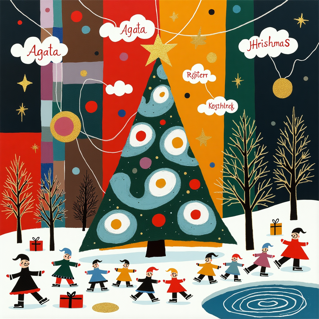 The front cover of this quirky abstract Christmas greeting card showcases a whimsical, surreal winter wonderland inspired by a blend of famous modern artists. The backdrop is a Mondrian-esque checkerboard of vibrant reds, greens, and whites, subtly nodding to Christmas colors. At the center, a Kandinsky-inspired swirl of geometric shapes and lines forms a giant Christmas tree with asymmetrical branches, each adorned with Pollock-like splatters of gold and silver representing tinsel and ornaments. Scattered across the scene are Rothko-style color blocks, creating the illusion of distant, abstract presents. A series of de Kooning-esque distorted Santa Claus figures dance across the scene, each with exaggerated features and expressions, embodying the holiday spirit.

Floating above the entire scene, fluffy clouds take on a Miró-inspired whimsical form, each cloud containing the name "Agata" in swirling, elegant letters as if written in the snow, adding a personal touch. A playful, Twombly-esque trail of scribbles zigzags through the sky, connecting stars and forming constellations that look like Christmas motifs—bells, candy canes, and reindeer. In the foreground, Richter-style brushstrokes depict a snowy landscape where abstract figures in bright, primary colors skate gracefully on a frozen pond, leaving behind intricate patterns akin to Agnes Martin’s grid work.

This intricate and playful scene combines the chaos and joy of Christmas, enveloping the viewer in a world where abstract art meets holiday cheer, all while celebrating Agata with a celestial touch.
Generated with these themes: Buon Natale.
Made with ❤️ by AI.