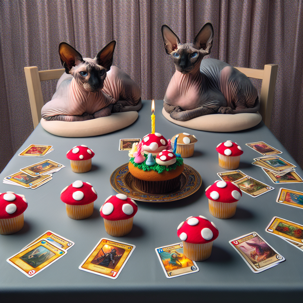 Imagine a joyous birthday party scene where Sphinx cats, with their distinctive hairless bodies, are relaxing comfortably on a smooth tablecloth. The table is strewn with playing cards from a popular fantasy-themed card game. Between these cards, mushroom-shaped cupcakes that look so genuine, it's hard to tell they're edible. This setting blends a spirit of fun gaming with the peculiar charm of the bald cats, making it a captivating sight for both game enthusiasts and fans of these unusual pets.
Generated with these themes: Magic the gathering cards, Sphinx cats , and Mushrooms.
Made with ❤️ by AI.