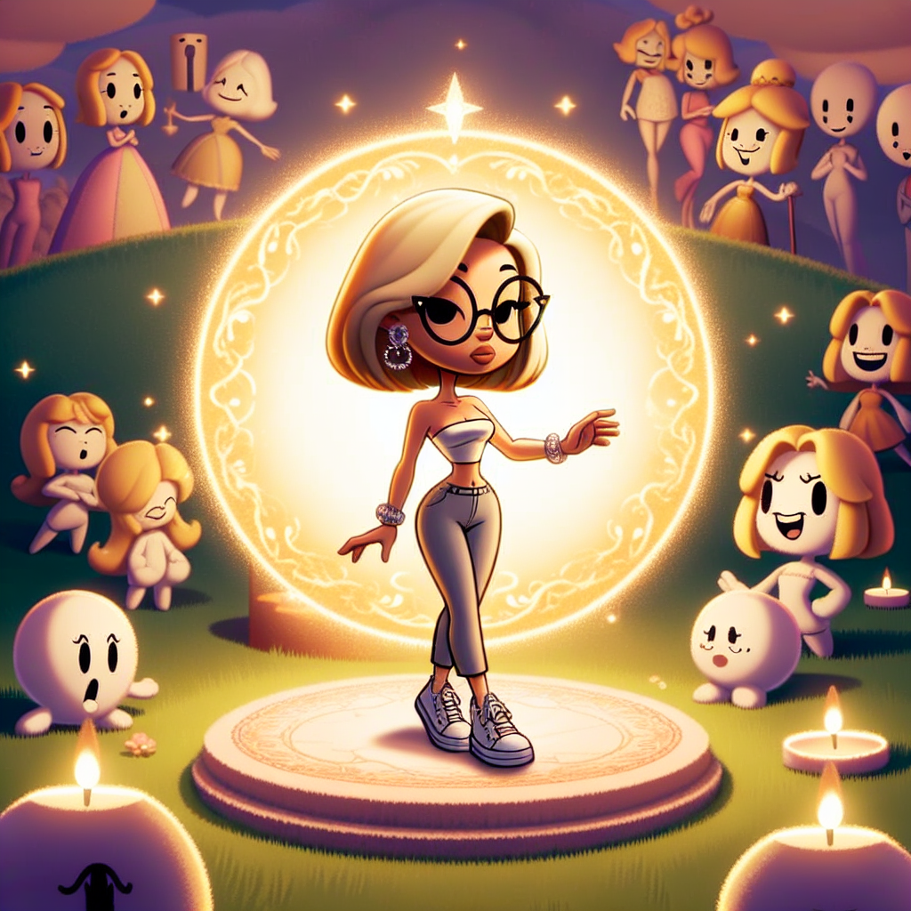 A charming cartoon image that merges classical storytelling affections with modern stylistic elements. It features generic cartoon characters sprinkled throughout the landscape, invoking a sense of fascination. Central to the scene is a fashion-forward slim woman with stylish chin-length blonde hair and glasses, striking a perfect pose in her princess-style outfit. Her attire distinctly contrasts with her casual sneakers. A circle of softly glowing scented candles surrounds her, casting anxious shadows and emphasizing her sincere grateful expression as she partakes in this unique blend of traditional and contemporary setup.
Generated with these themes: Disney characters, Scented candles, and Slim woman with blonde chin length hair and glasses wearing princess gown and sneakers.
Made with ❤️ by AI.