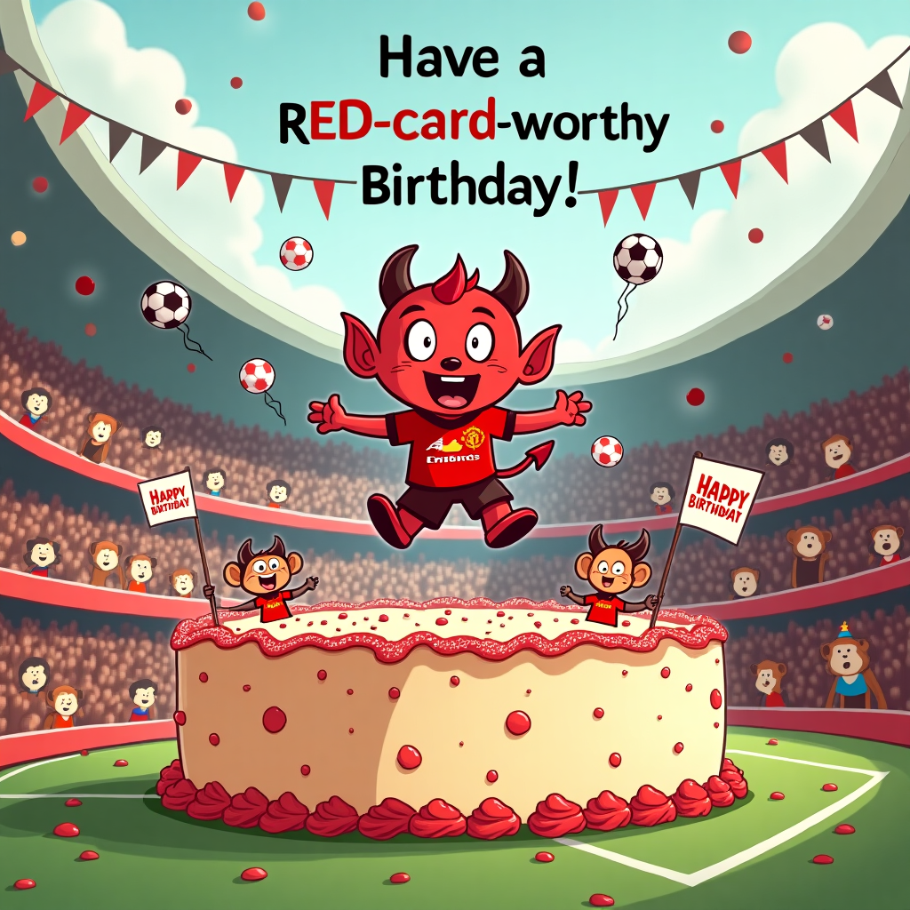 **Image Prompt:**

At the top of the cartoon image, "Have a RED-card-worthy Birthday, Philip!"

A cute, vibrant cartoon scene featuring a tiny, wide-eyed red devil mascot (inspired by Manchester United’s iconic Red Devil), wearing a mini Man Utd kit, joyfully jumping out of a giant birthday cake shaped like Old Trafford stadium. The stadium-cake has frosting goals, sprinkle-covered stands, and little edible players on the pitch wearing mini red kits with birthday hats. Floating around are football-shaped balloons, streamers in Man Utd’s red, black, and white, and a cheering crowd of smiling animal fans (bears, dogs, and monkeys) waving “Happy Birthday Philip!” flags. The whole mood is cheerful, fun, and footie-mad!
Generated with these themes: Man utd.
Made with ❤️ by AI.