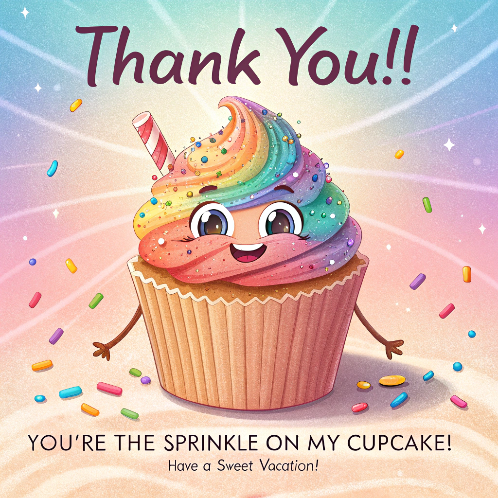 At the top of the image, "Thank You!!":

- At the bottom of the image, "You're the Sprinkle on My Cupcake! Have a Sweet Vacation!"

- Create a vibrant cartoon scene featuring an oversized cupcake with rainbow sprinkles dancing gleefully around it. The cupcake has a cheerful face with big, sparkling eyes and a wide smile. The background is a swirl of pastel colors, enhancing the playful and cute mood.
Generated with these themes: Cup cake, Sprinkles, and .
Made with ❤️ by AI.
