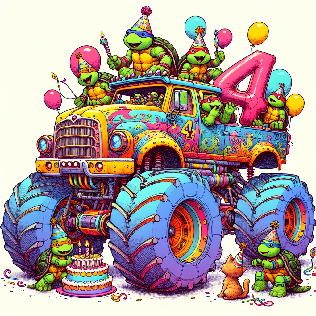 Visualize a lively birthday celebration with an air of excitement, focusing on an enormous, vividly colored monster truck that has giant wheels. Atop this vehicle, there are four playful turtles, resembling the anthropomorphic kind, adorned with festive party hats, and relishing a birthday cake. A tiny party hat-clad kitten curiously toys with a massive '4' balloon tied to the truck's bumper.
Generated with these themes: Monster truck , 4, Teenage mutant ninja turtles , and Kitten.
Made with ❤️ by AI.