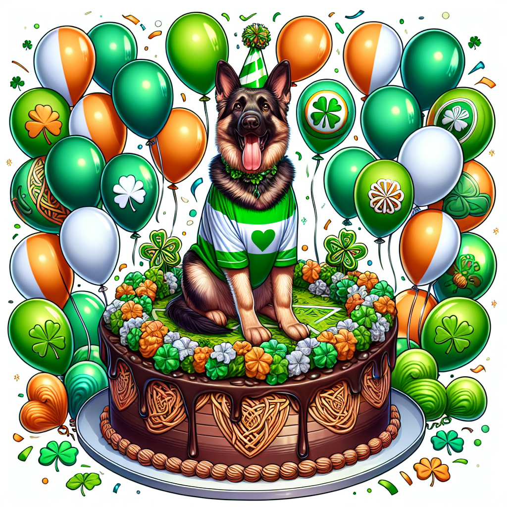 Create a vibrant cartoon image of a festive birthday celebration. At its heart, a delighted German Shepherd, sporting a green and white jersey as a makeshift party hat. Surrounding the delighted canine, a sea of whimsically arranged balloons in shades of green, white, and orange associated with Ireland. A gigantic, luscious chocolate cake garnished with intricate Celtic knot patterns and shamrock designs emerges as the centerpiece, enticing all with its sweet aroma.
Generated with these themes: Celtic glasgow, German Shepard , Chocolate , and Republic of Ireland .
Made with ❤️ by AI.
