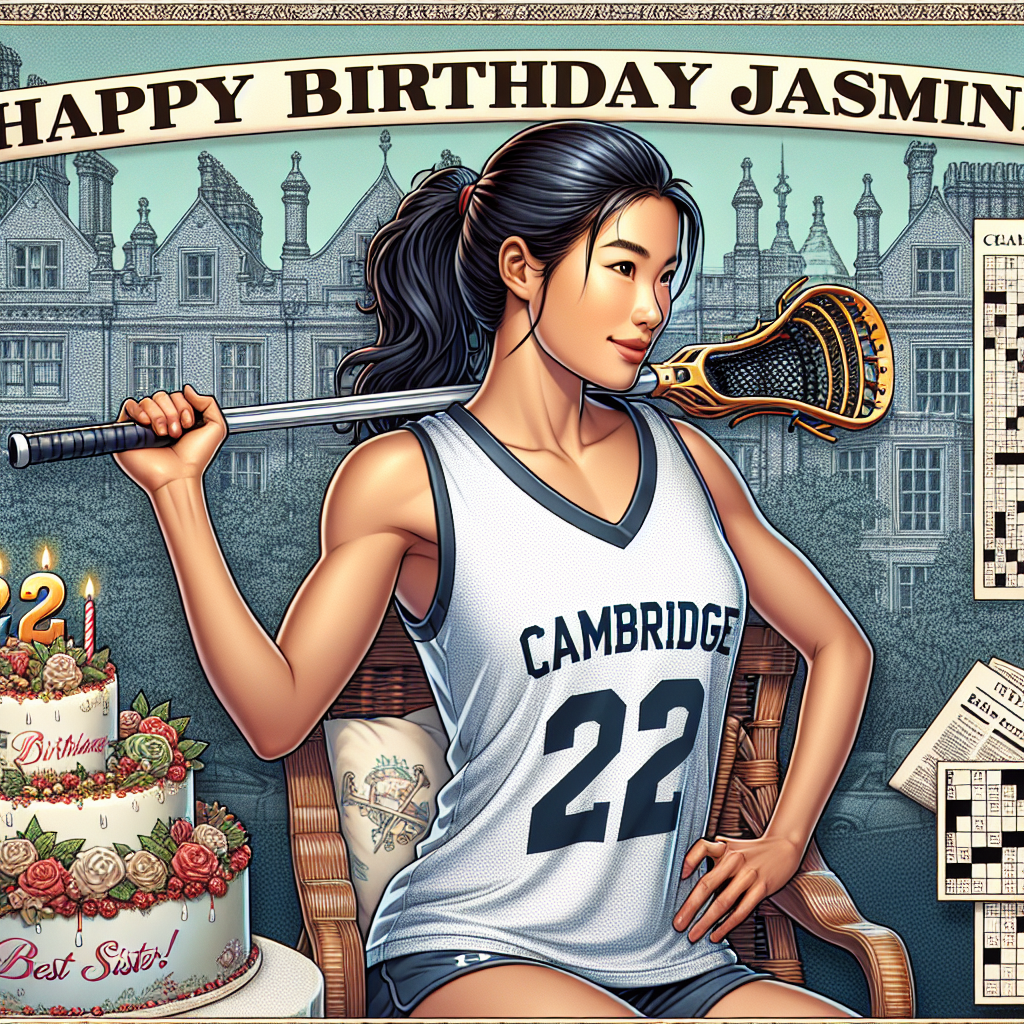 Happy Birthday Jasmine!, Lacrosse, Cambridge, Sporty, Athletic, Strong, Super cool, 22nd birthday, Best sister , Epic, Dark hair, Cake, and Newspaper puzzles at brunch Birthday Card