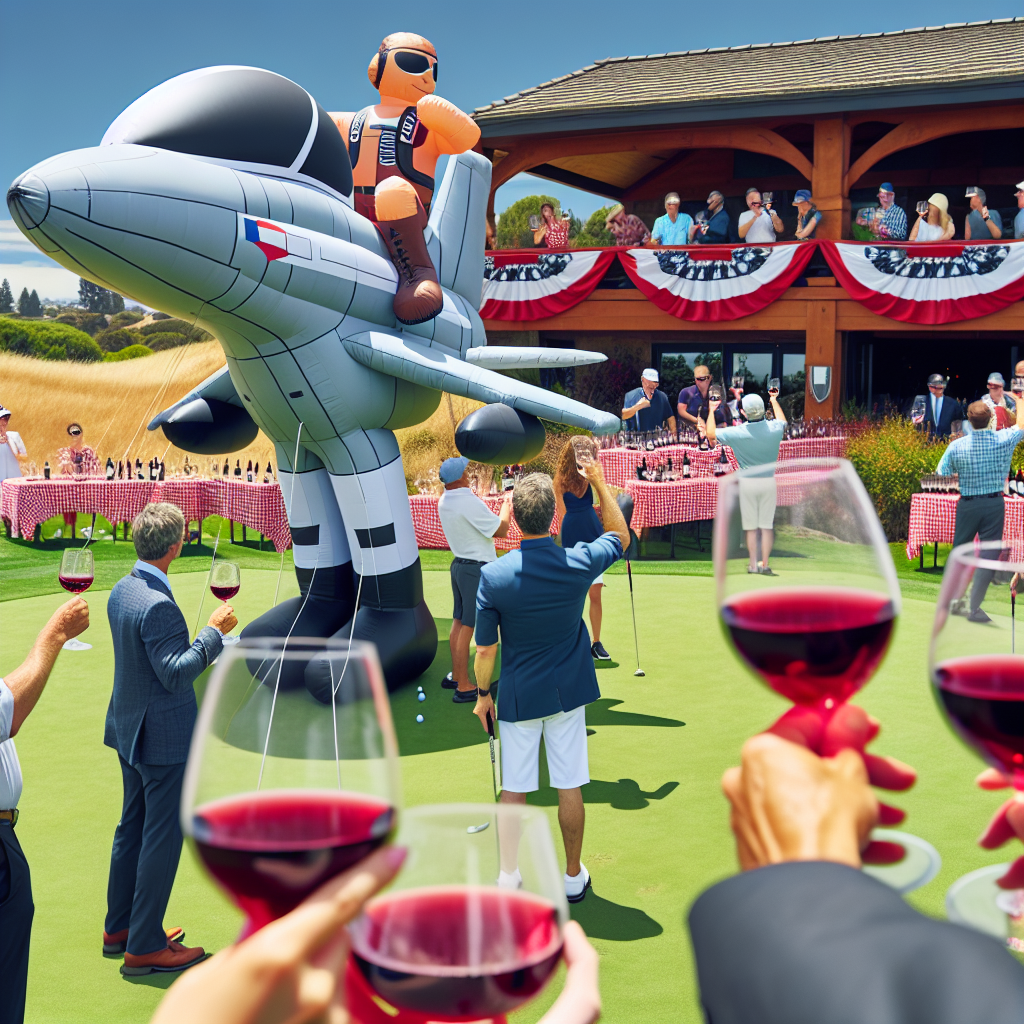 Create a scene of a festive golf course on a bright Father's Day. Each golf hole is humorously decorated with miniature fighter jets reminiscent of a popular action movie. Golfers appear to be in high spirits as they begin their games under the inflated figure that significantly resembles the heroic pilot character from the same film. Close to the main building of the course, an elegant wine tasting event occurs showcasing a variety of exquisite red wines. Wine tasting tables are draped in classic red and white checkered tablecloths. Individuals are gathered in groups, raising their glasses which are inscribed with amusing catchphrases that are likely references to that notable action film, in a cheerful toast to father figures everywhere.
Generated with these themes: Golf, Red wine, and Top Gun.
Made with ❤️ by AI.