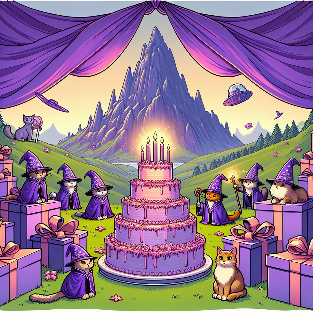 Envision a delightful scene on a mystical mountain known for witchcraft. Purple banners elegantly drape across the landscape, where cats dressed in charming wizard robes play among an array of birthday presents. In the background, a towering, distinctive mountain prevails, subtly reminiscent of classic fantasy locations. Some cats stand atop a large, candle-lit birthday cake, casting enchanting spells that add a touch of magic to the celebratory atmosphere. This charming image merges elements of birthday fun, magic, and cartoon cuteness.
Generated with these themes: Escape to witch mountain, Cats, and Purple.
Made with ❤️ by AI.