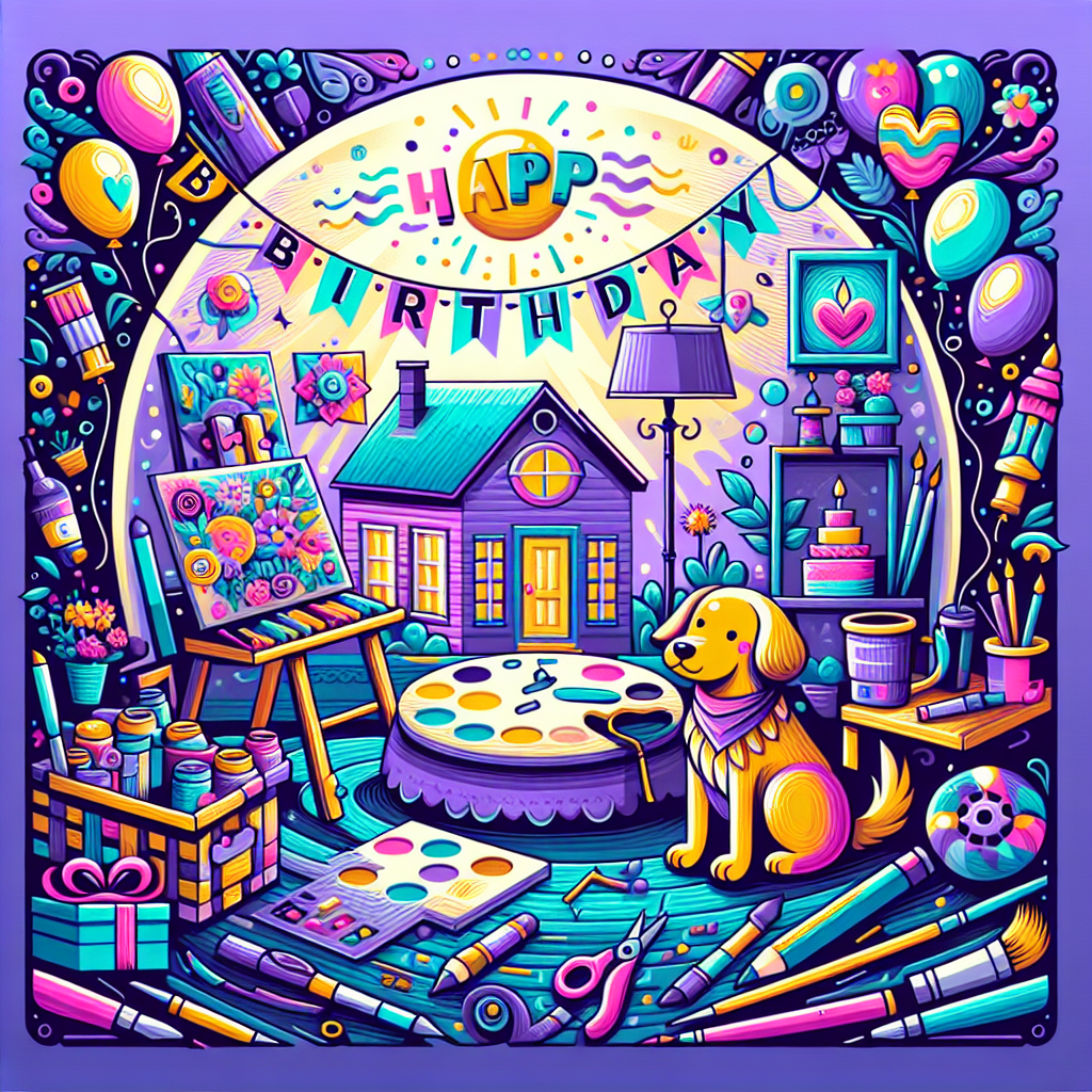 Create a vibrant vector-style invitation design which is based on a birthday theme. The background should be a delightful mix of purple and turquoise colors. The center of the image should contain a whimsical illustration of a painter's studio filled with creative arts & crafts and painting tools. Festive decorations that exemplify peace and excitement should adorn the space. Try mixing in elements of balloons and birthday banners with symbols representing a home signifying a cozy domestic celebration. A cheerfully illustrated dog, delineated with bold lines and dressed in bright colors, should be included to add a touch of playful warmth to the overall composition.
Generated with these themes: Purple , Turquoise , ENFP, Painting, Crafts, Peace, Excitement , Birthday , Studio, Dog, and Home.
Made with ❤️ by AI.