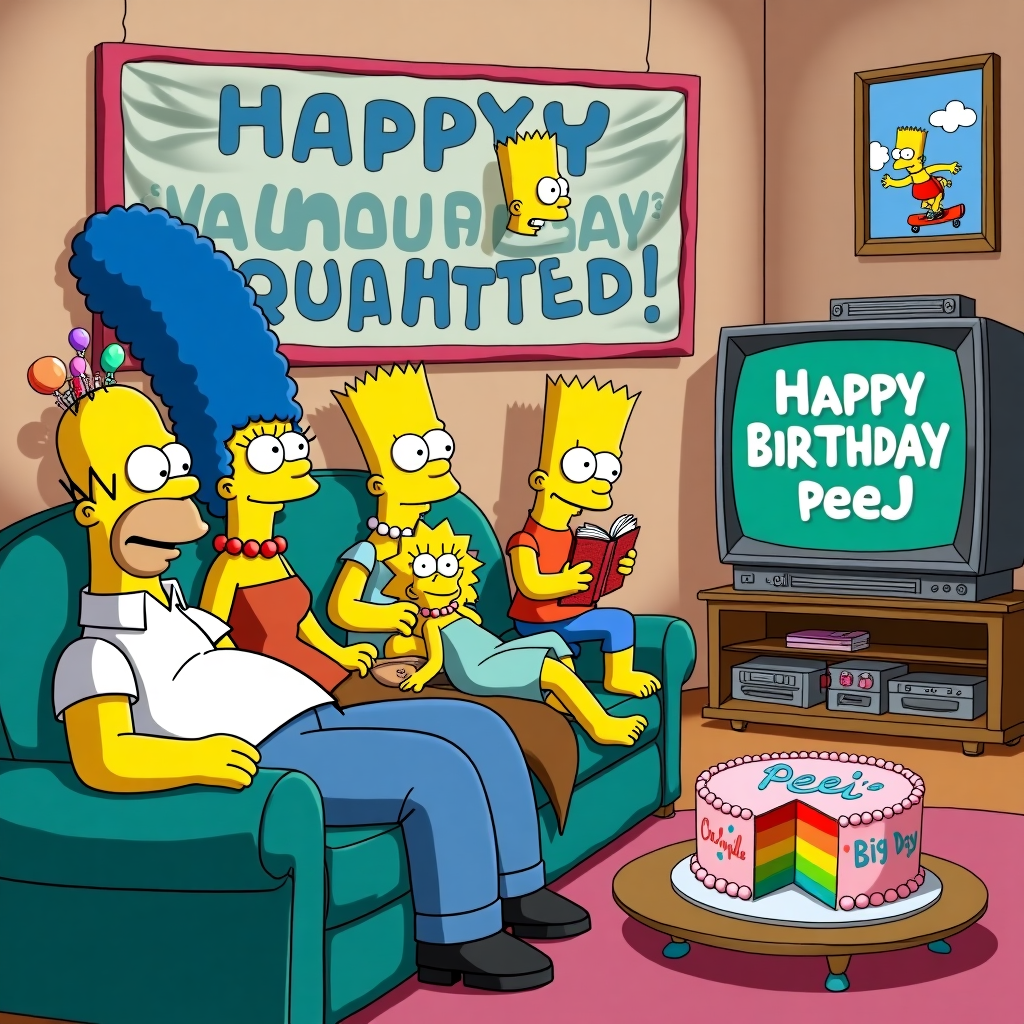 In this delightfully quirky birthday card scene, imagine a lively living room with a twist on the iconic Simpsons setup. The famous yellow family is gathered on their well-known teal sofa, all eyes fixated on the vintage-looking television set that reads "HALF AQUAINTED" in retro, bubble-like letters, reminiscent of 80s cartoons. Homer is leaning back, his head resting against the couch’s cushion, wearing a party hat that's slightly askew. Marge sits beside him, her towering blue hair adorned with small, colorful balloons. Bart, wearing a mischievous grin, is in mid-air, having just launched off the armrest, while Lisa, ever the bookworm, glances up from a comic book titled "D’oh-nuts & Jazz." Maggie, holding a rattle shaped like a tiny donut, is nestled comfortably in Marge's lap.

Behind them, the living room wall is decorated with a "Happy Birthday Peej!" banner. The letters are large and vivid, each one a different color, reminiscent of a child's playful scribbles—perhaps a nod to the Peanuts style. To the right, the coffee table is topped with an assortment of birthday treats, including a large cake iced with bright pink frosting and the words "Peej's Big Day" piped neatly in blue icing. A slice has been taken out, revealing rainbow layers within.

On the wall beside the television, a small framed picture captures a unique crossover: it’s a snapshot of Bart skateboarding alongside Astro Boy, an homage to Osamu Tezuka’s pioneering work. Outside the window, visible just above the TV, is a clear blue sky dotted with fluffy clouds that form a subtle "Peej" as if nature itself is in on the celebration. This scene bursts with humor and nostalgia, all while uniquely celebrating Peej's special day.
Generated with these themes: the simpsons sofa couch with the family watching television, and the television show they are watching reads 'HALF AQUAINTED'.
Made with ❤️ by AI.