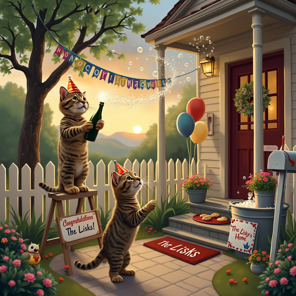 The scene takes place in front of a charming, freshly-painted new house with a quaint picket fence and a "Sold" sign with "The Lisks" elegantly written on it in cheerful, bold letters. Two playful tabby cats are front and center, each wearing a miniature party hat. One cat, standing on its hind legs, holds a tiny, sparkling bottle of champagne with a ribbon tied around it. The other cat is balancing on a small stepladder, popping the cork, which releases a flurry of bubbles that form the words "Congratulations, The Lisks!" in the sky above.

In the background, there's a vibrant garden with blooming flowers and a tall, lush tree. Hanging from the tree's branch is a festive banner with the words "Welcome Home!" in colorful letters. A small table under the tree is set up with an array of celebratory items: a bucket filled with ice and champagne, a plate of fish-shaped cookies, and a congratulatory card propped open showing "The Lisks" in a playful, handwritten style. 

On the porch of the new house, a whimsical doormat reads "The Lisks' Cozy Den," and a potted plant beside the door has a small tag with "Home Sweet Home" on it. Balloons are tied to the mailbox, bobbing in the gentle breeze. 

In the foreground, a little bird wearing a tiny bow tie perches on the fence, chirping merrily, adding an extra layer of charm to the scene. The sun is setting in the background, casting a warm, golden glow over the entire tableau, making it a truly inviting and joyous scene.

This playful and detailed composition tells a heartwarming story of celebration, welcoming The Lisks into their new home with a humorous and touching twist.
Generated with these themes: Two tabby cats, New house, and Champagne.
Made with ❤️ by AI.