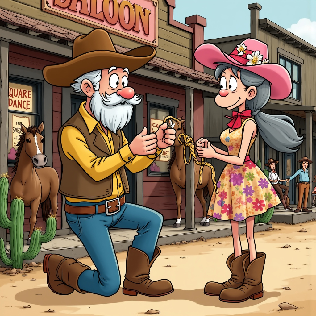 The anniversary greeting card front cover is set in a dusty old Western town, reminiscent of Charles Schulz's simple yet expressive line work, but with the vibrancy of Walt Disney's color palette. The scene depicts a hilariously romantic anniversary moment between two aging cowboy characters, modeled with the exaggerated features of Osamu Tezuka's characters and the whimsical humor of Bill Watterson's Calvin and Hobbes.

In the foreground, the cowboy husband, a wrinkled and white-bearded old-timer wearing a large, floppy brown hat, oversized boots, and a belt with an enormous buckle, is on one knee, holding out a lasso fashioned into the shape of a heart. His wide eyes, drawn in the expressive style of manga, are full of humor and affection.

The wife, a robust cowgirl with grey pigtails sticking out from under a pink cowgirl hat adorned with flowers, is playfully pretending to be swept off her feet. She wears a patchwork dress with colorful patterns that evoke the simplicity of Hergé's Tintin characters but with a quirky twist. Her boots, mismatched and dusty, complete her outfit. Her hand covers her mouth in an exaggerated "Oh my!" gesture, showcasing her surprise.

Behind them, a pair of horses—one with a sleepy, droopy-eyed expression and the other looking slyly amused—are hitched to a wooden post outside the Saloon, a classic Old West building with swinging doors and a weathered sign. The Saloon's front windows display colorful posters announcing "Square Dance Tonight!" and "Free Sarsaparilla for Couples," in the playful lettering style of Gary Larson’s The Far Side.

Further back, townsfolk dressed in traditional Western attire are peeking out from various buildings—some chuckling, others tipping their hats in respect, much like the detailed background characters in Winsor McCay’s Little Nemo in Slumberland. A small cactus garden to the side includes a cactus couple, one with a tiny bowtie and the other with a mini veil, arm-in-arm, adding an extra touch of quirky humor.

The sky above is a brilliant, cartoonish blue, with a few fluffy clouds and a cheerful sun wearing sunglasses, perhaps a nod to Will Eisner's ability to bring life to even inanimate objects. In the corner, a mischievous prairie dog pops out of a hole, holding a tiny anniversary banner between its paws, a subtle yet charming detail inspired by the eccentricity of R. Crumb’s underground comix.

This dynamic, detailed scene tells a story of enduring love with a Western twist, full of playful elements and whimsical details that will surely bring a smile to anyone's face.
Generated with these themes: Cowboys .
Made with ❤️ by AI.