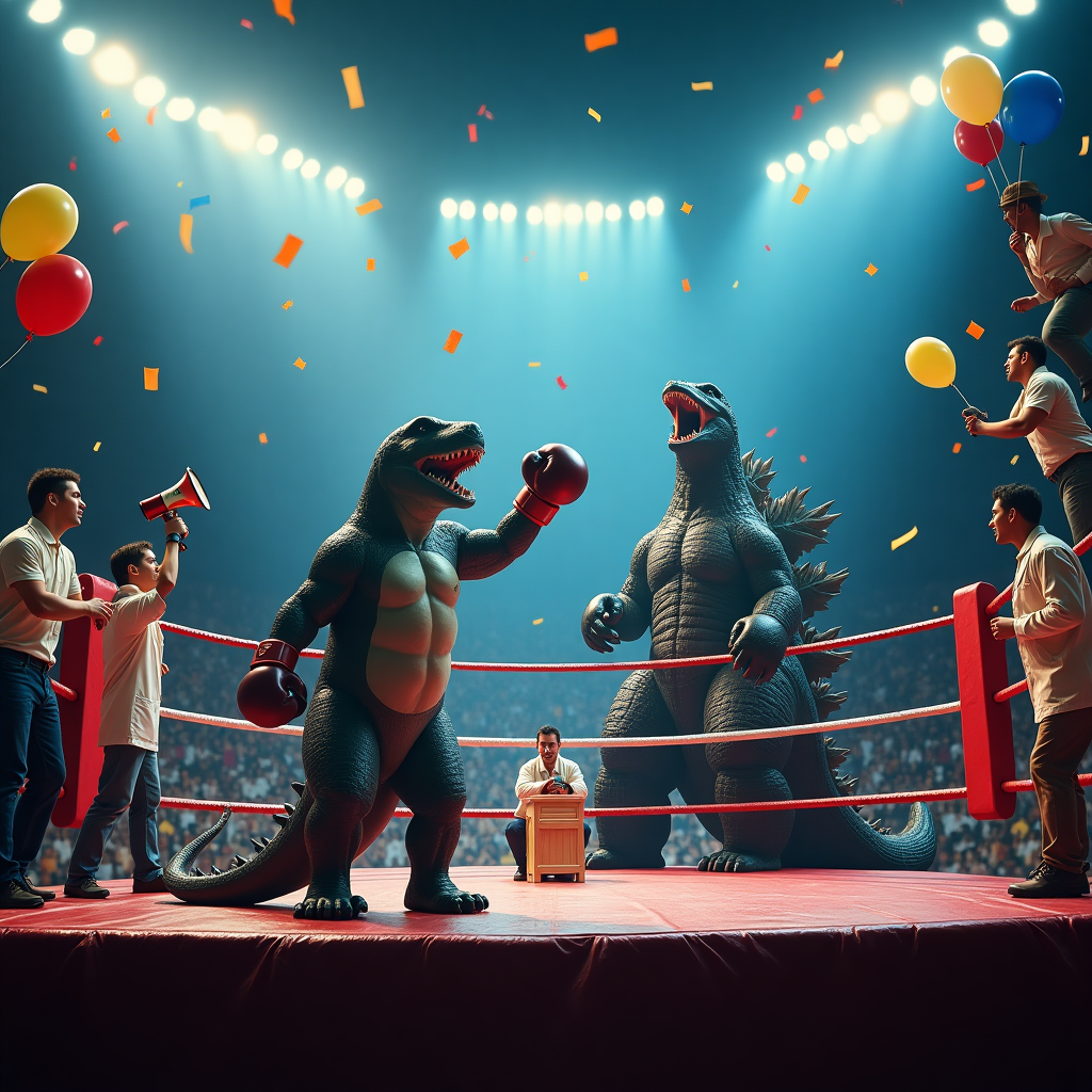 **Prompt for a Realistic Photograph Image (Funny Birthday Theme):**

*At the top of the realistic photograph image: "Happy Birthday RYAN — It’s a knockout kind of day!"*

A high-drama, action-packed scene in the style of a realistic photograph. Center frame is an oversized boxing ring lit like a pay-per-view showdown in a darkened stadium, smoke machines blasting and camera flashes flickering. In the red corner: a soggy but smug JAWS wearing boxing gloves strapped over his fins, rearing up and throwing a triumphant punch. Behind him in the corner stands QUINT, shirt half-buttoned, wildly cheering with a megaphone in one hand and a half-drunk beer in the other. In the blue corner, GODZILLA — beaten and bruised — slouches on a giant stool, tongue hanging out, looking dazed. Around him, a squad of frantic Japanese scientists in lab coats and nerdy oversized glasses are climbing ladders to hand-feed him glowing, comically oversized cartoon-style nukes as if they were protein bars. Confetti and birthday balloons are stuck to the ring ropes, and one corner features a party banner that reads: "KAJU-FIGHT NIGHT – BATTLE OF THE BIRTHDAY BASH!" The mood is ridiculous, celebratory, and full of tongue-in-cheek cinematic mayhem.
Generated with these themes: Godzilla vs Jaws in a boxing ring . Jaws is being cheered on by Quint . A bunch of Japanese scientists wearing geeky glasses are feeding nukes to Godzilla to help him win . Godzilla is currently losing.
Made with ❤️ by AI.