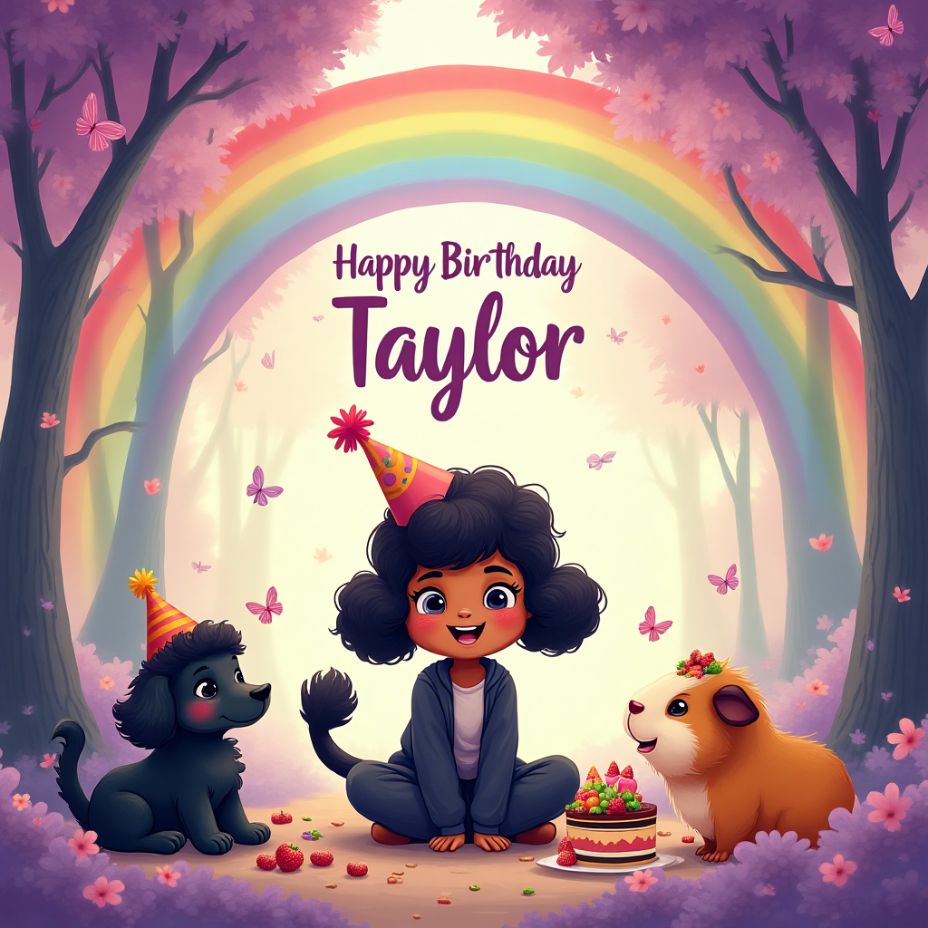 Girl black mini poodle, Two guinea pigs, The color purple, Rainbow forest, and Birthday Card