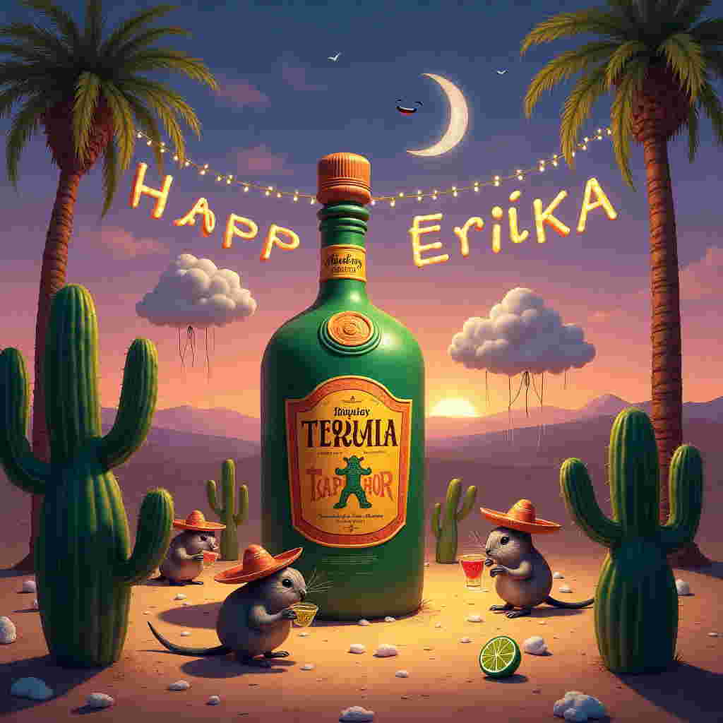 The surreal birthday scene is set in a lively desert oasis under a twilight sky painted in shades of violet and orange. At the center, a giant, vibrant piñata in the shape of a majestic tequila bottle towers over the landscape. This piñata bottle is crafted with vivid colors of emerald green, deep amber, and glittering gold, with a whimsical label featuring a dancing cactus. Scattered around its base, oversized salt crystals and lime wedges rest upon the sand like precious gems. Surrounding the piñata, a circle of animated cacti with arms resembling maracas sway rhythmically, their spiky limbs casting playful shadows on the ground.

Floating gently in the air are several helium balloons shaped like shot glasses, filled with shimmering, golden confetti. In the background, a party scene unfolds beneath a string of twinkling fairy lights draped between two tall palm trees. Guests—armadillos wearing tiny sombreros and sunglasses—are enthusiastically celebrating, some attempting to crack the piñata open with oversized candy canes. 

In the sky, fluffy cotton candy clouds form the letters spelling out "Happy Birthday Erika" in a flowing, whimsical script. Above this, a crescent moon wearing a cheeky grin peers down, illuminating the scene with a silvery glow. The entire tableau is vibrant and bustling, capturing the joy and whimsy of a truly unique celebration.
Generated with these themes: Tequilla, Piniatta , and Celebrations.
Made with ❤️ by AI.