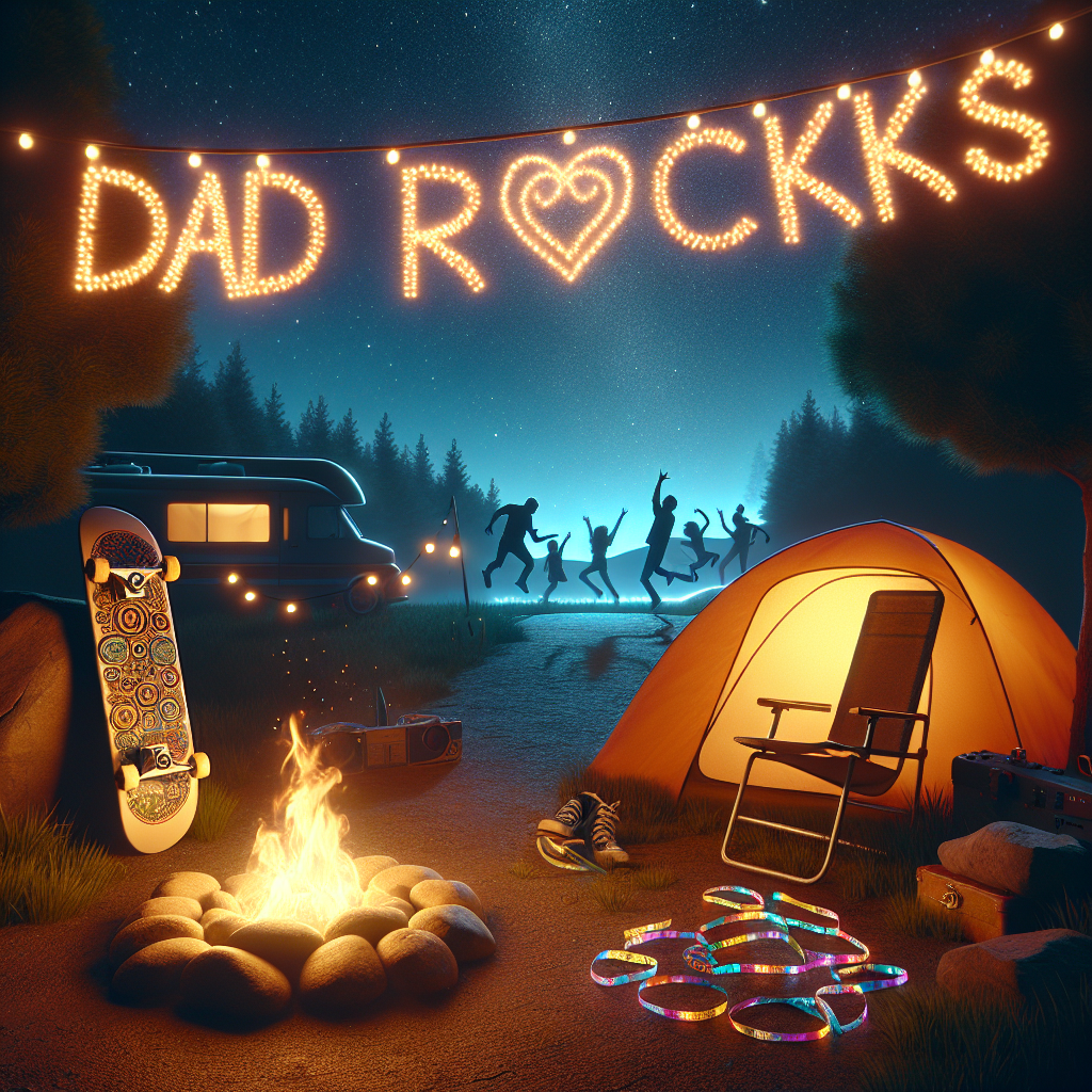 Visualize an enticing night scene depicting the sheer essence of an adventurous individual indirectly. The setting is a tranquil campsite under a star-studded sky. A radiant campfire is in the scene shedding light on a well-utilized skateboard, a display of festival wristbands hanging off a nearby tree branch, and a snug tent festooned with a chain of twinkling lights forming the words 'Dad Rocks'. Dark silhouettes of frolicking figures, dancing in the far off distance, add to the ambiance of a celebratory father's day atmosphere.
Generated with these themes: Millennial dad, Skateboarding, Music festivals, and Camping.
Made with ❤️ by AI.