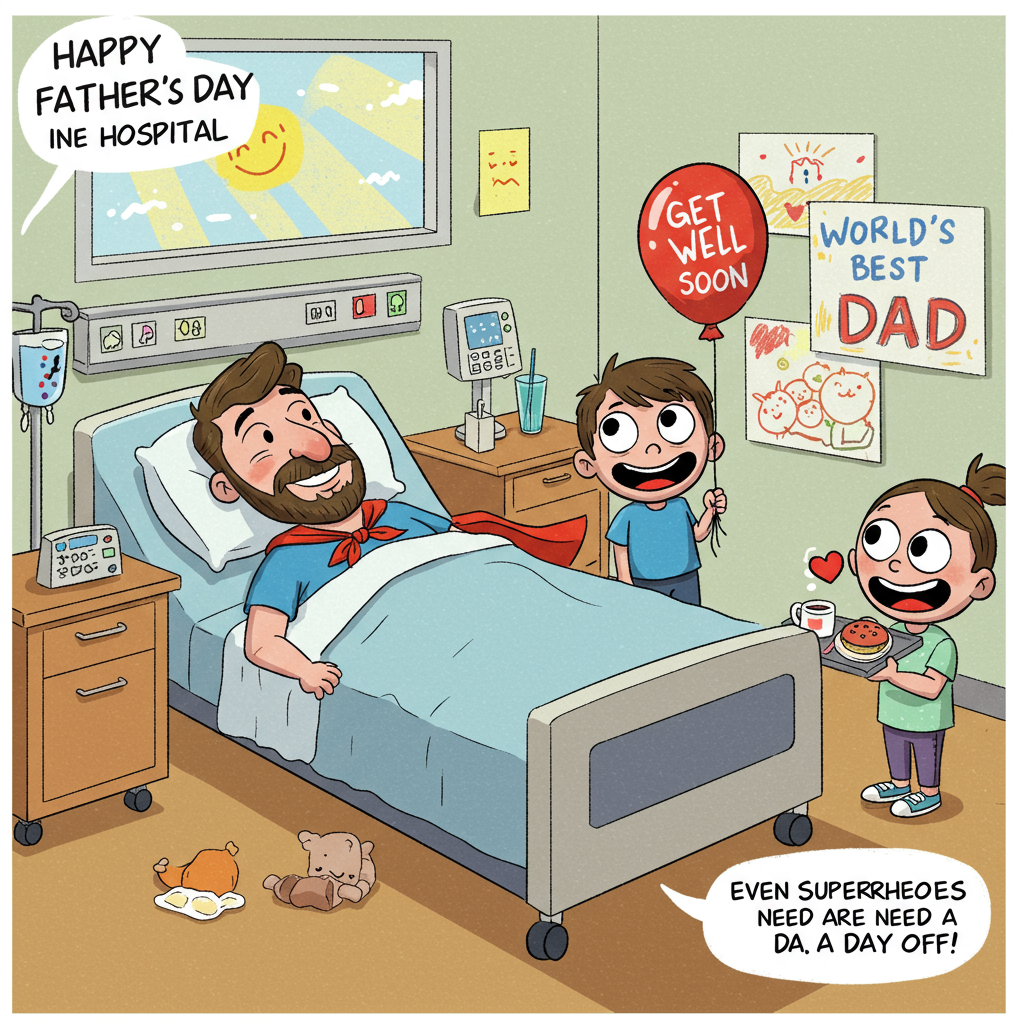 At the top of the Cartoon Style image, **Happy Father's Day while you are in hospital**.

**Image Description:**

The scene is set in a bright and cheerful hospital room filled with vibrant colors and whimsical details. In the center, a cartoon-style dad is lounging in a cozy hospital bed, his exaggeratedly large head propped up on fluffy pillows. Despite his recovery, he's wearing a cheeky grin and a superhero cape draped over his shoulders, symbolizing his super dad status. 

Next to the bed, a cartoon version of his child, with big round eyes and a playful smile, is holding a "Get Well Soon" balloon in one hand and a tray of colorful breakfast goodies in the other. The walls are adorned with bright, handmade drawings, including one that says "World's Best Dad" in child-like scribbles.

Above the scene, cheerful rays of sunlight beam through a cartoon window, adding warmth and positivity to the atmosphere. A small, cheeky text bubble near the dad reads: "Even superheroes need a day off!" 

The entire image radiates love, humor, and well-wishes, perfect for a father's day card that's both heartwarming and lighthearted.
Generated with these themes: Wishing my dad a lovely father's day while he is recovering from pneumonia in hospital, and .
Made with ❤️ by AI.