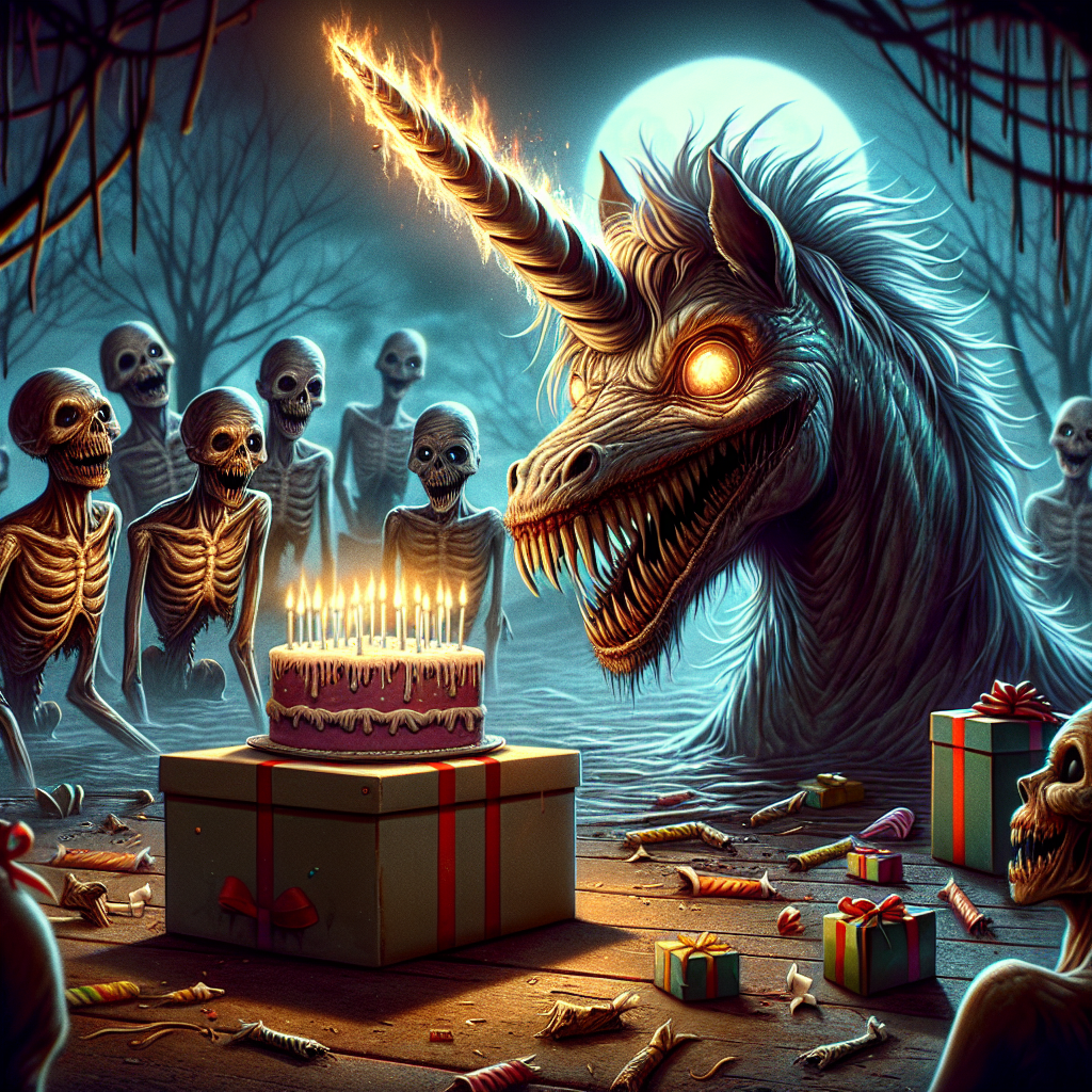 Envision an eerie birthday scene taking place at twilight, evoking an unsettling sense of nightmare. Dominating the setting is an odd unicorn with traits of a nightmare creature, its horn glowing eerily and eyes aflame with a mystic blaze. In the backdrop, the sight of the living dead, their decomposing forms swaying around a deteriorating birthday cake, tries to conjure up a chilling birthday song. Within the lurking shadows, a mysterious creature, suggestive of a demon, whose eyes gleam with flickering embers grips a box filled with presents that seem ominous. Its smile, flaunting sharply pointed teeth, sets the tone for a birthday filled with unexpected, treacherous events.
Generated with these themes: Eldrich horror unicorn, Zombie, and Demon.
Made with ❤️ by AI.